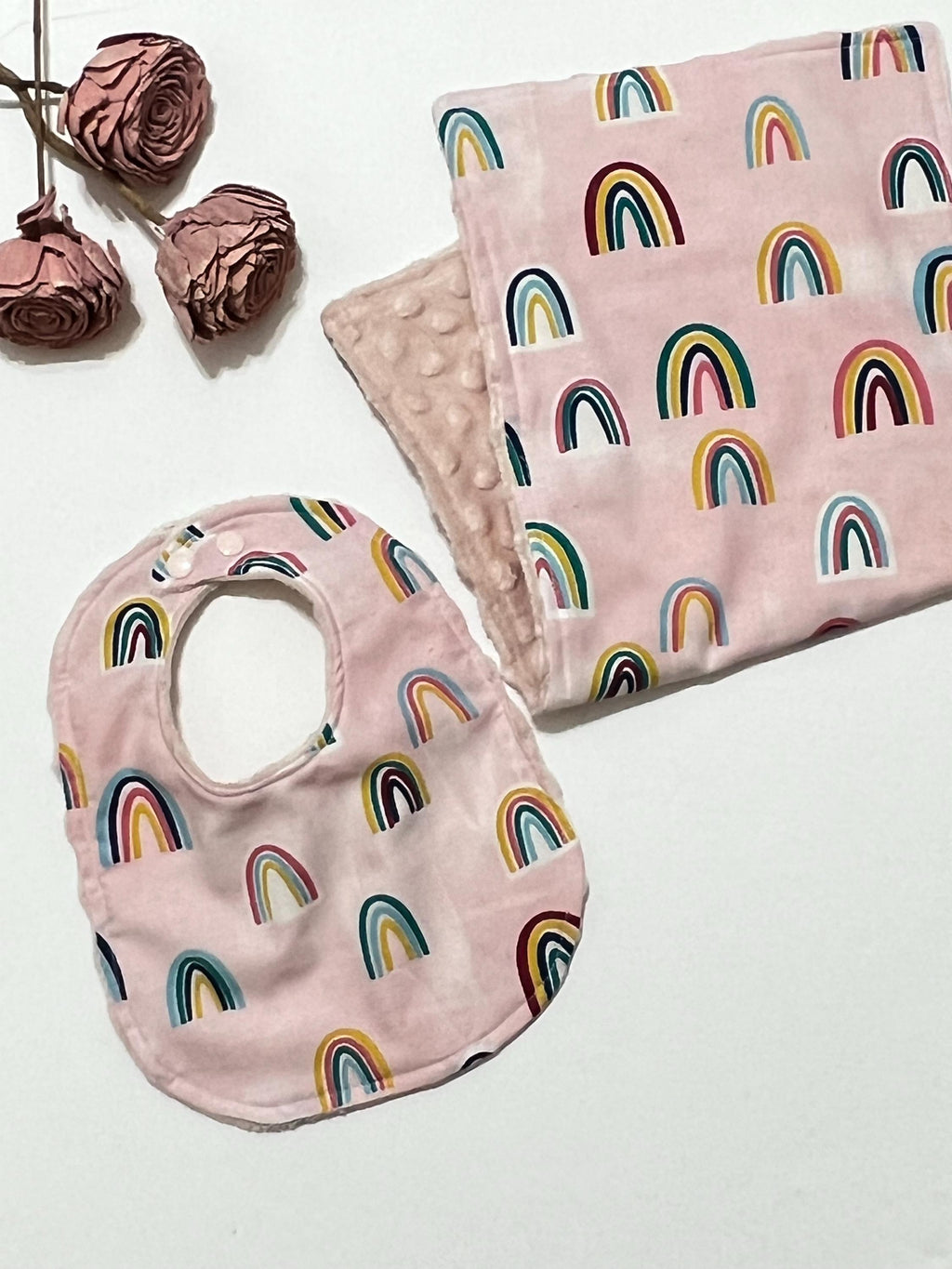 Boho rainbows bib and burp cloth set in baby toddler size for baby girl, blush pink cotton & minky color choices