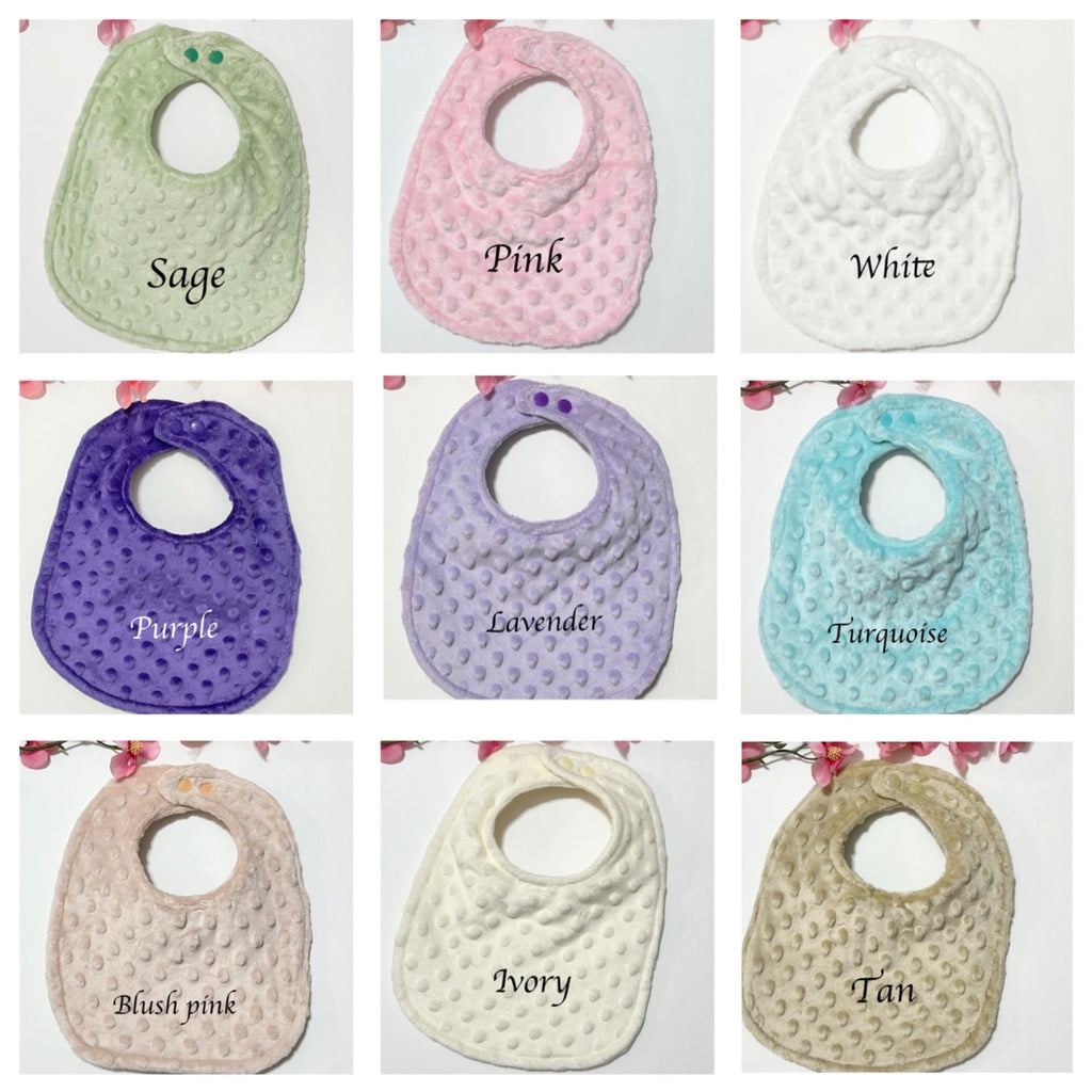 Double sided minky baby bib in solid boy or girl colors with personalized option, soft,  padded and absorbent, baby shower gift