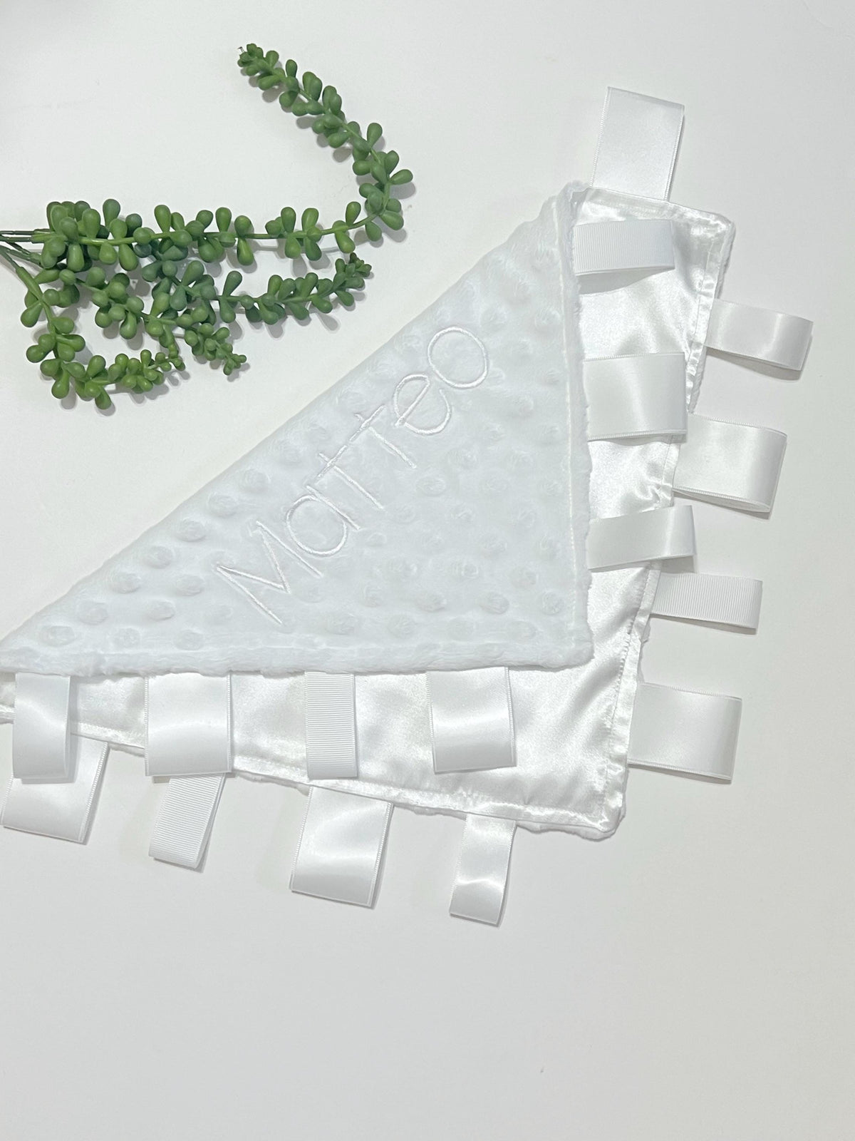 Personalize white satin and minky heirloom sensory blanket lovey with ribbon tags, baby gift for boy or girl size options 5” 12” 15” 18” 24”