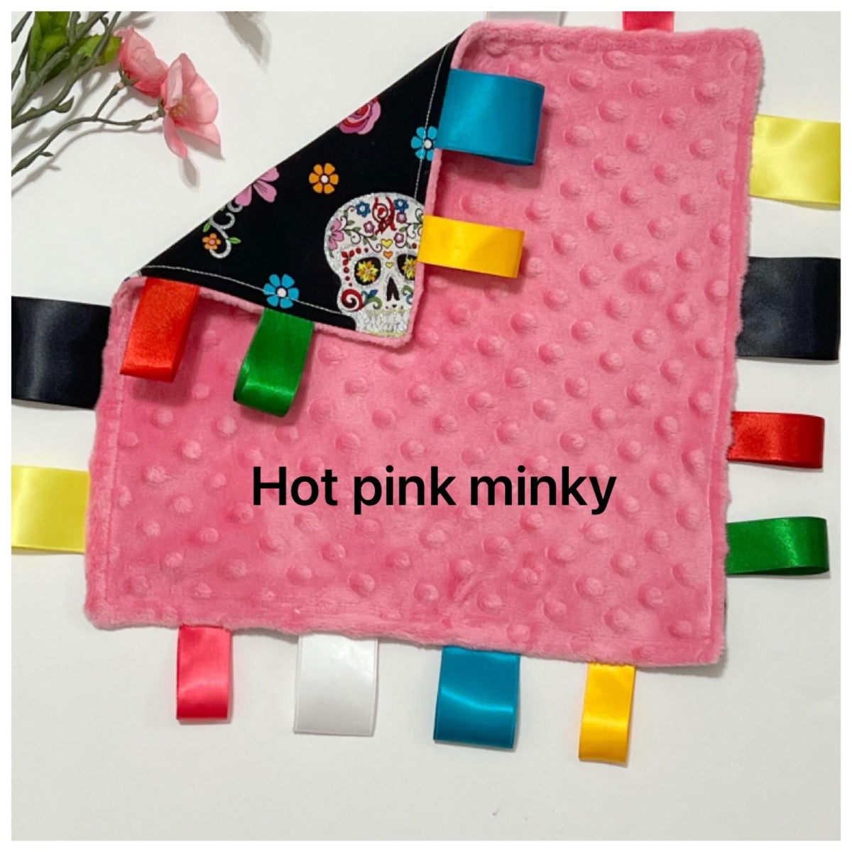 Sugar skull sensory lovey for baby thru adult with ribbon tags and personalized option, black and pink cotton with minky back, choose colors