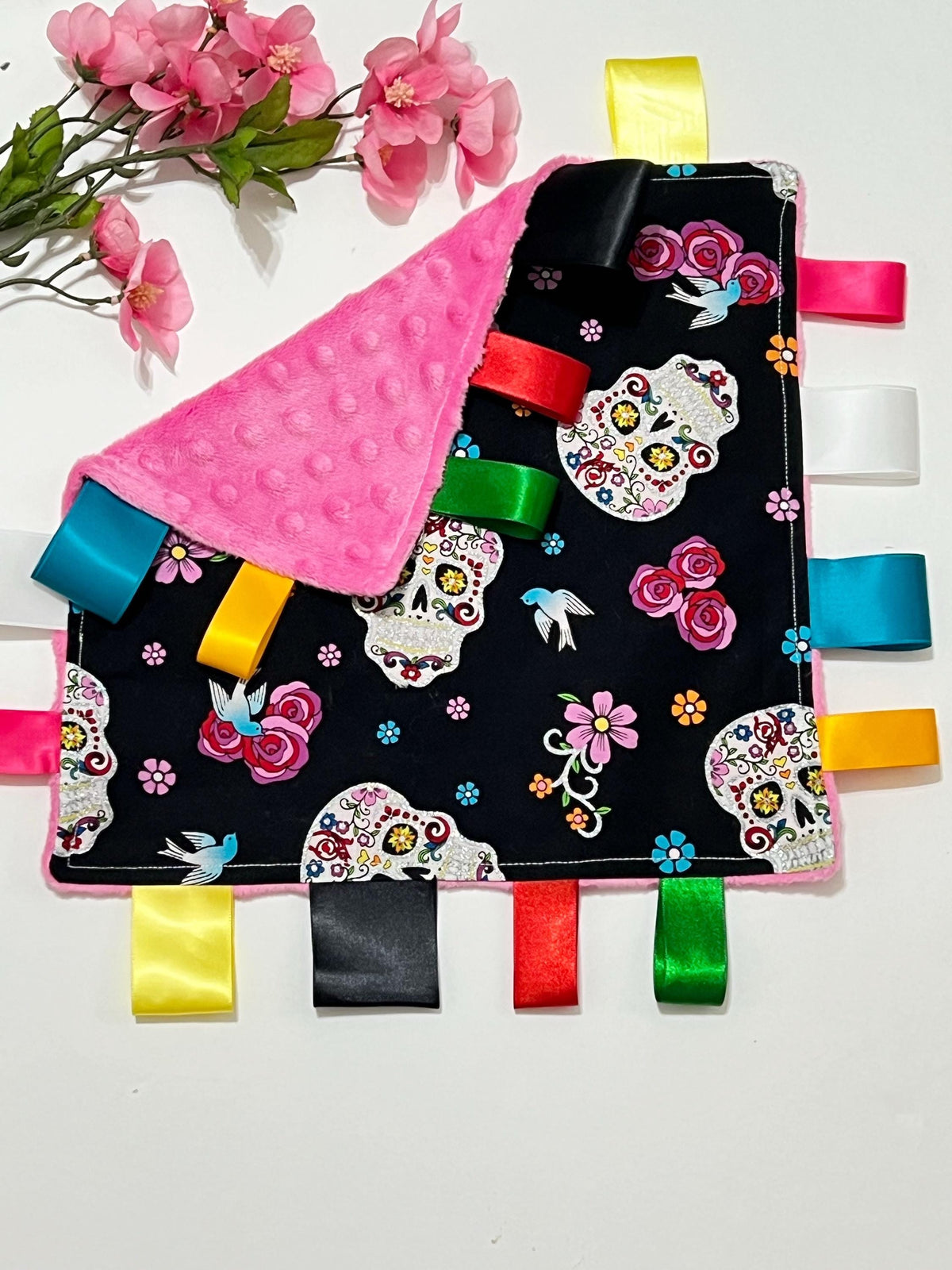 Sugar skull sensory lovey for baby thru adult with ribbon tags and personalized option, black and pink cotton with minky back, choose colors