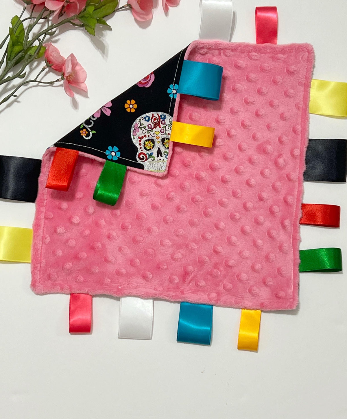 Sugar skull sensory lovey for baby thru adult with ribbon tags and personalized option, black and pink cotton with minky back, choose colors