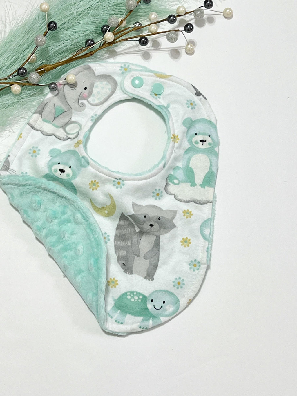 Woodlands baby animals baby bib and contour burp cloth set in gray and mint flannel with minky dot back, Bear, raccoon, fox, deer, elephant