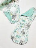 Woodlands baby animals baby bib and contour burp cloth set in gray and mint flannel with minky dot back, Bear, raccoon, fox, deer, elephant