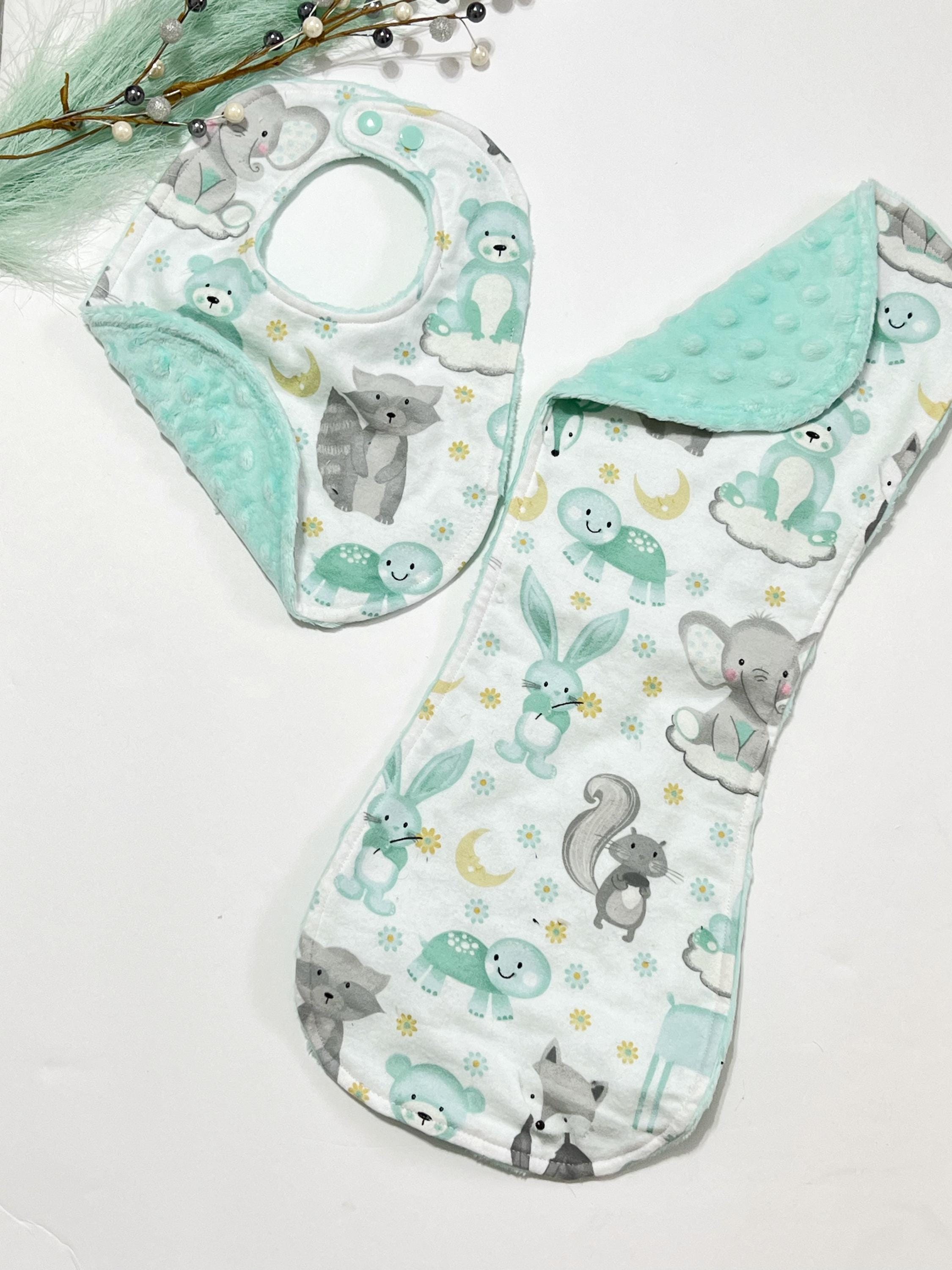 Woodlands baby animals baby bib and contour burp cloth set in gray and mint flannel with minky dot back, Bear, raccoon, fox, deer, elephant