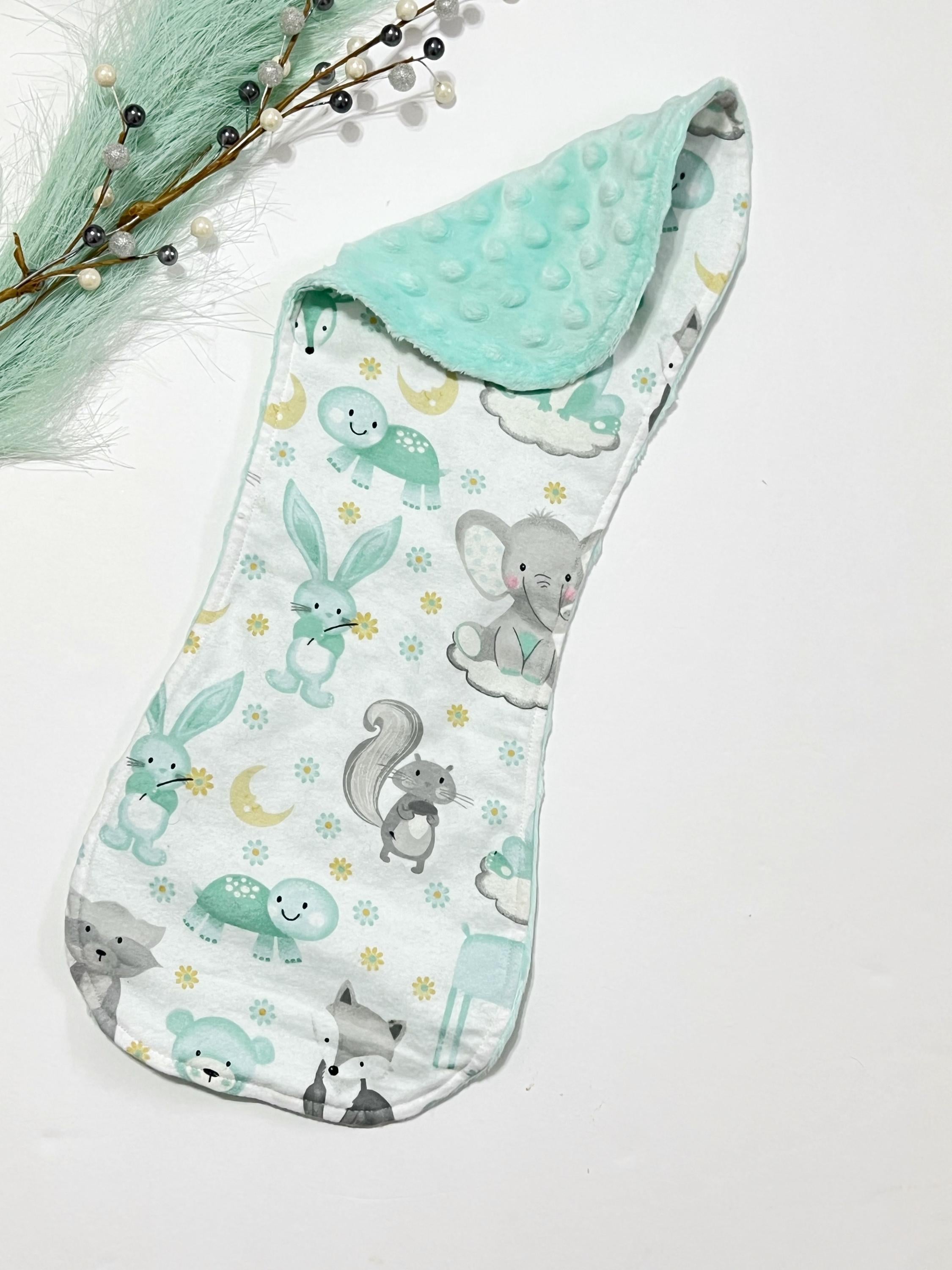 Woodlands baby animals baby bib and contour burp cloth set in gray and mint flannel with minky dot back, Bear, raccoon, fox, deer, elephant