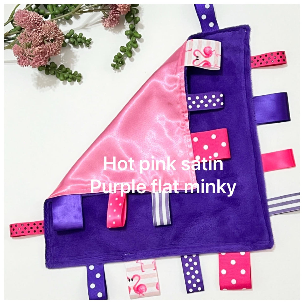 Satin and minky sensory lovey in khaki and blue with ribbon tags, personalize toy, baby child elderly gift, for boy or girl, 12" more colors
