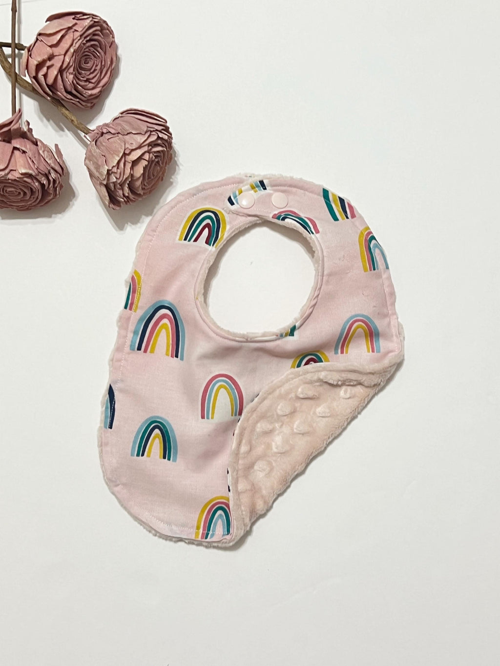 Boho rainbows bib and burp cloth set in baby toddler size for baby girl, blush pink cotton & minky color choices