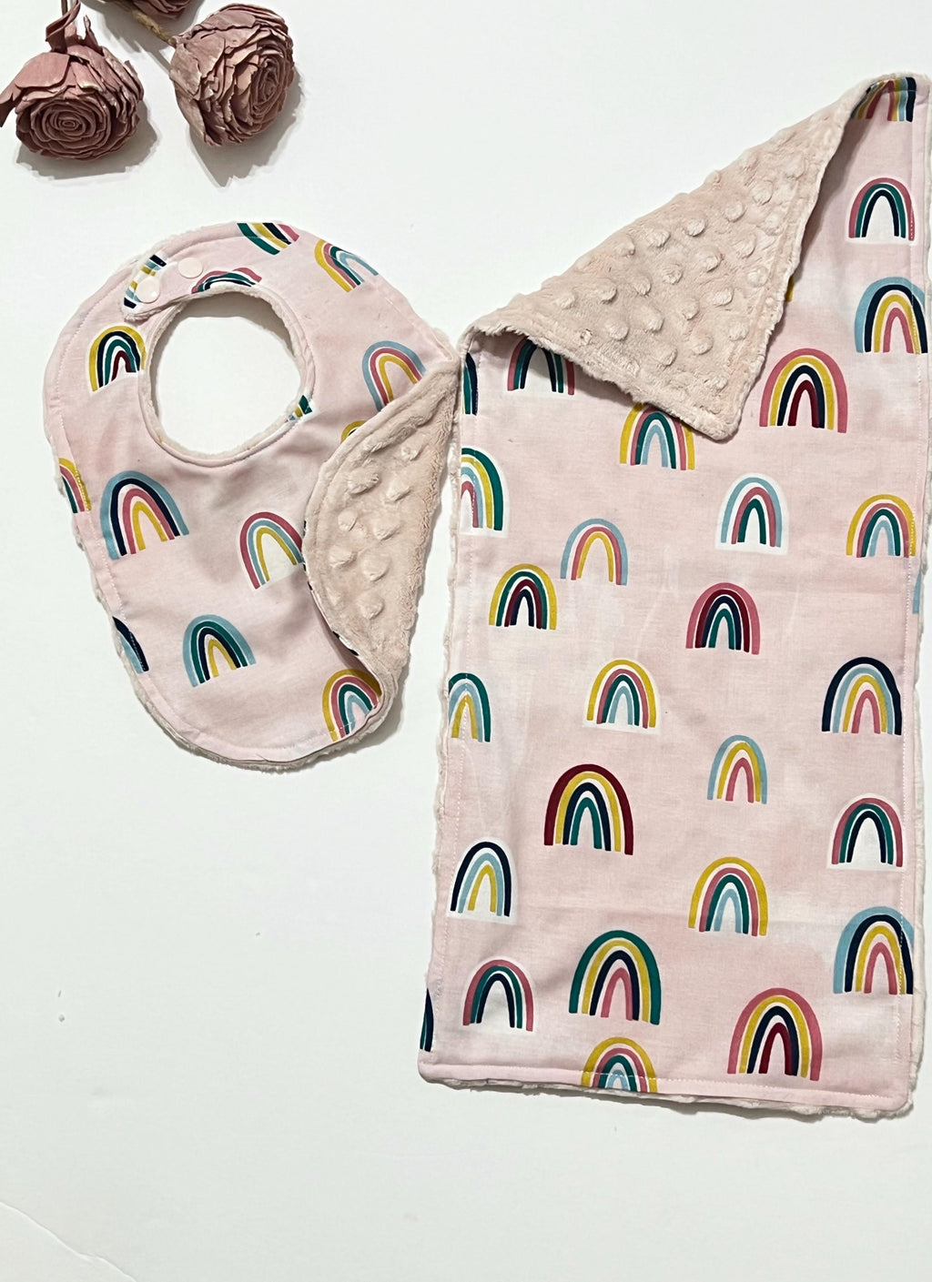 Boho rainbows bib and burp cloth set in baby toddler size for baby girl, blush pink cotton & minky color choices
