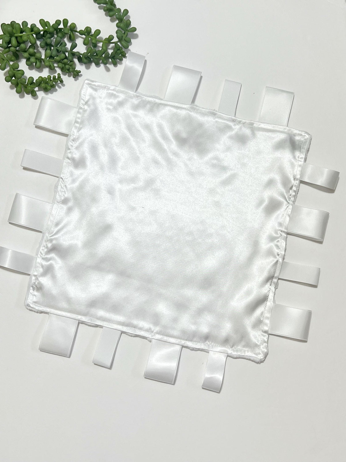Personalize white satin and minky heirloom sensory blanket lovey with ribbon tags, baby gift for boy or girl size options 5” 12” 15” 18” 24”