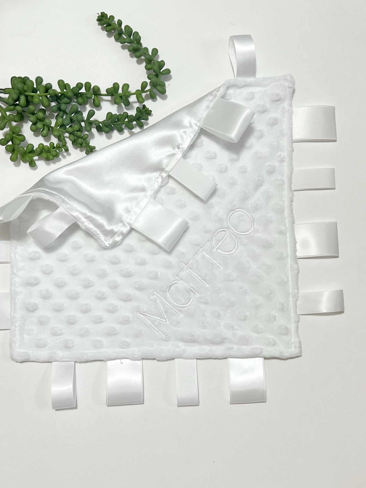 Personalize white satin and minky heirloom sensory blanket lovey with ribbon tags, baby gift for boy or girl size options 5” 12” 15” 18” 24”