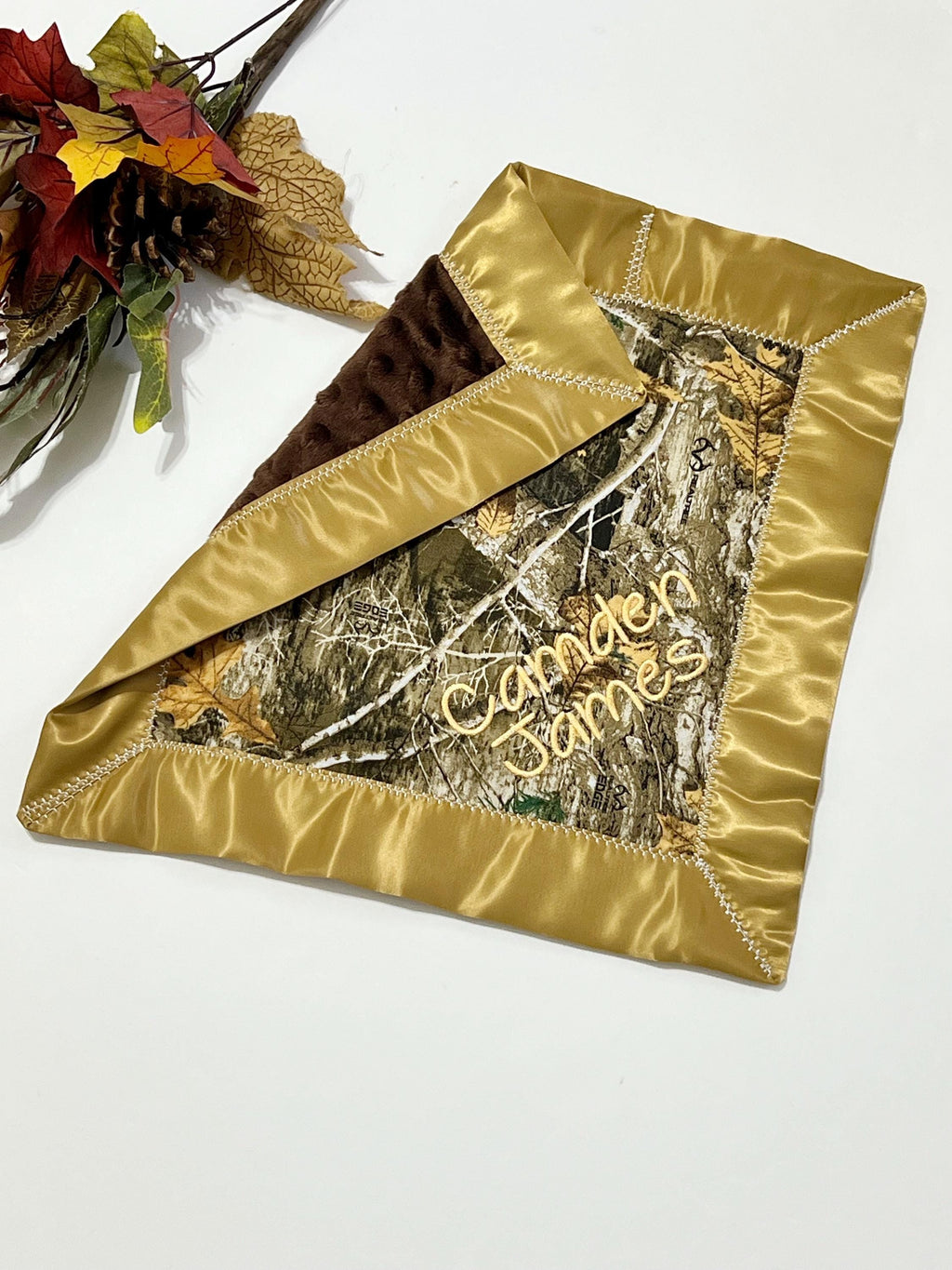 Baby toddler 12" lovey made from brown camouflage camo fabric with satin binding and choose minky back color, personalized sensory gift