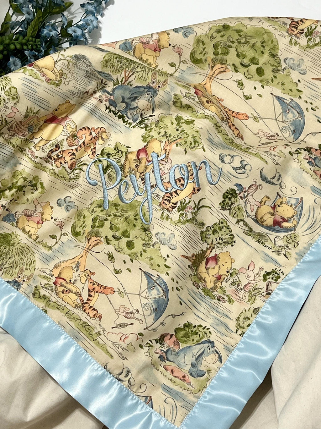 Personalized large 42 x 60 Baby crib Blanket made from Winnie the Pooh fabric for girl or boy with Cotton back and satin binding, baby gift