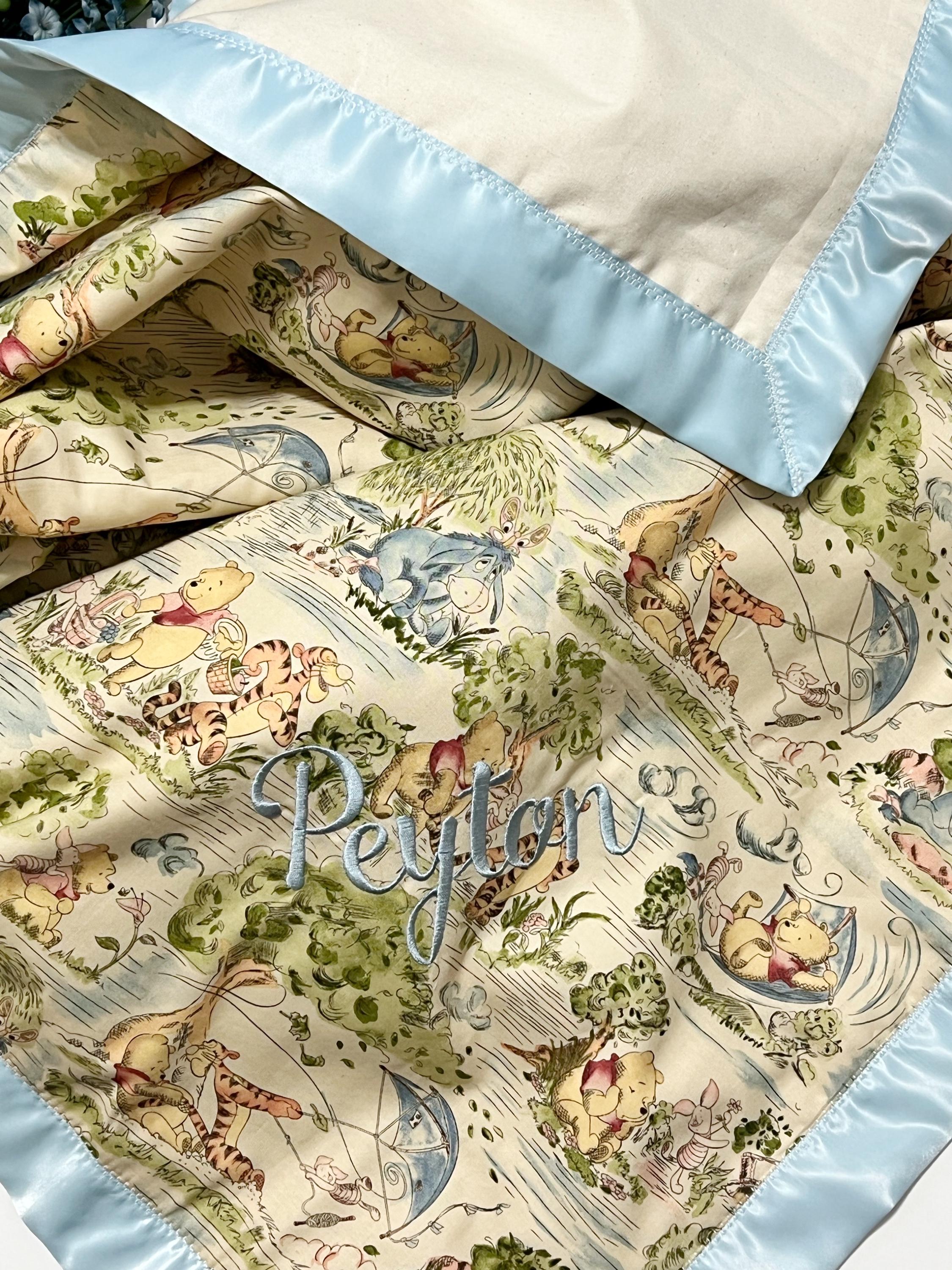 Personalized large 42 x 60 Baby crib Blanket made from Winnie the Pooh fabric for girl or boy with Cotton back and satin binding, baby gift