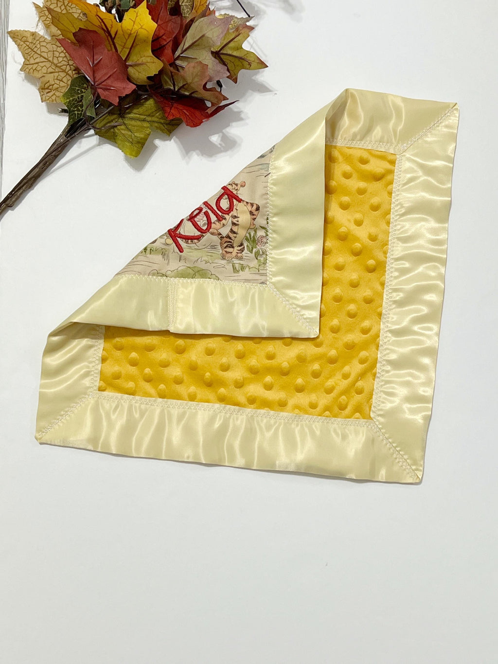 Baby toddler 12" lovey made from Winnie the Pooh fabric with satin binding and minky back, choose minky color, personalized baby shower gift
