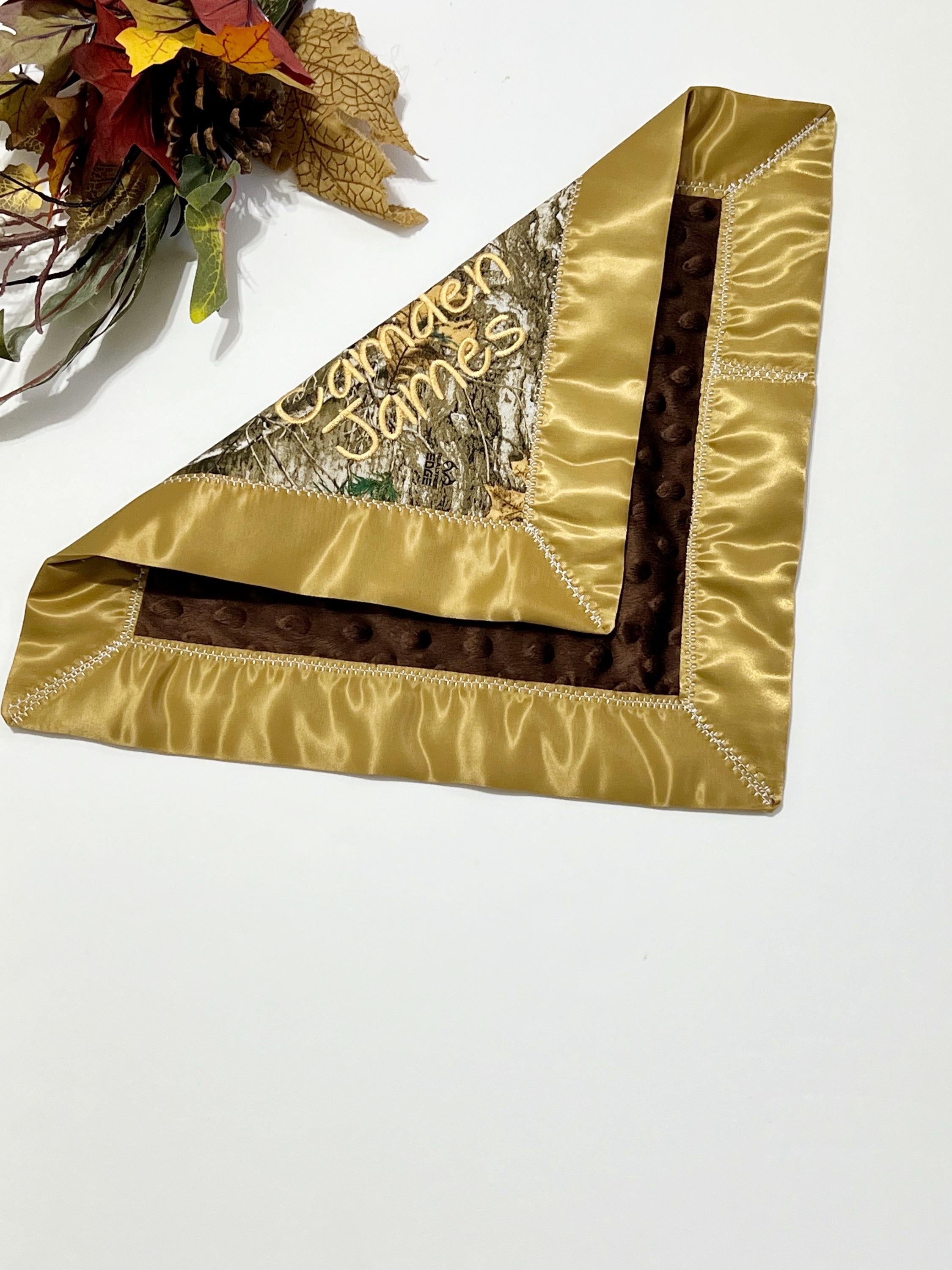 Baby toddler 12" lovey made from brown camouflage camo fabric with satin binding and choose minky back color, personalized sensory gift