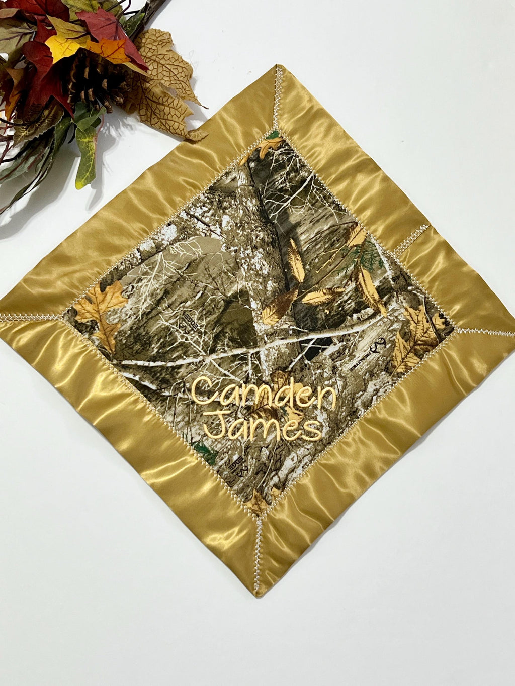 Baby toddler 12" lovey made from brown camouflage camo fabric with satin binding and choose minky back color, personalized sensory gift