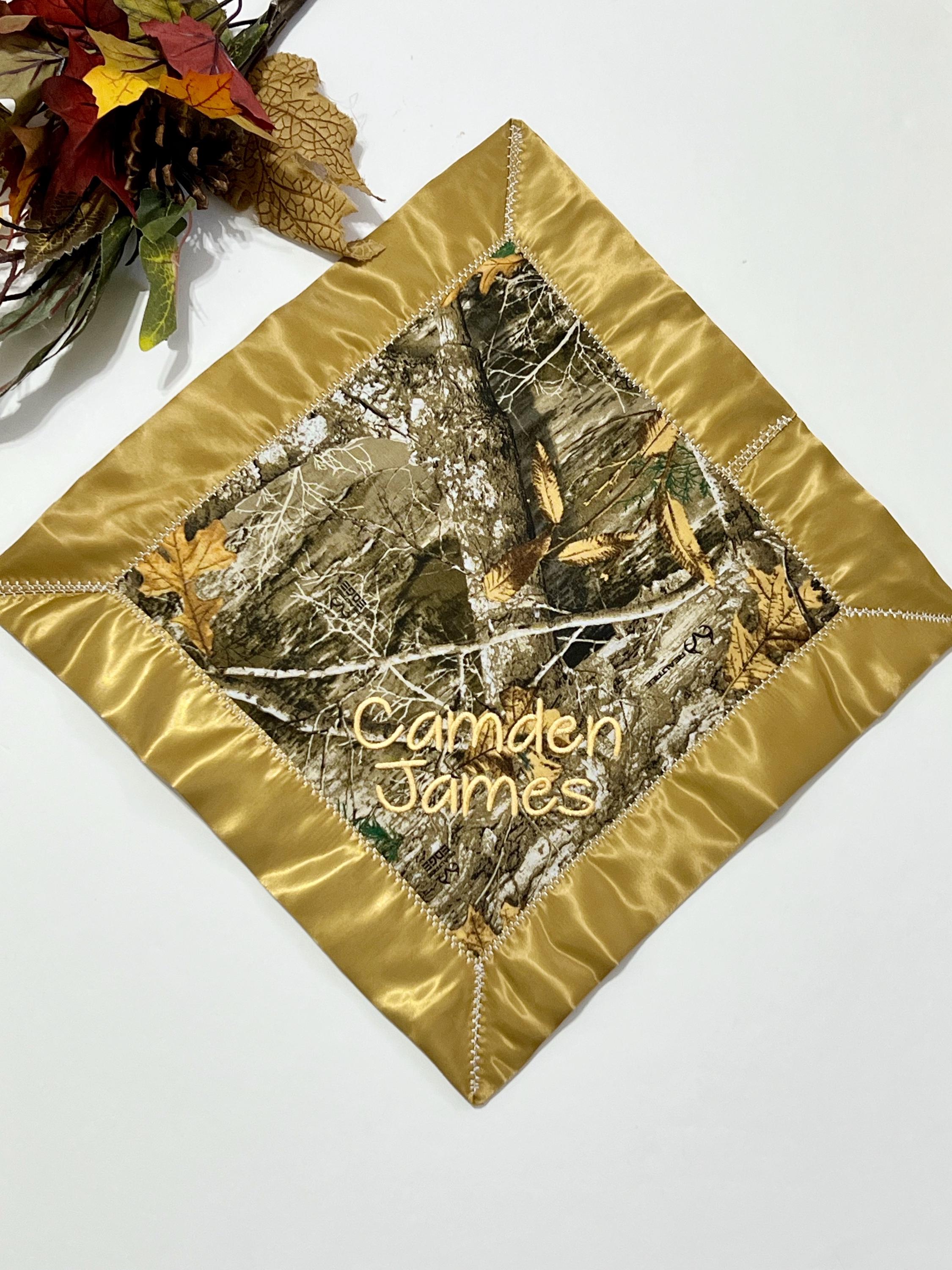 Baby toddler 12" lovey made from brown camouflage camo fabric with satin binding and choose minky back color, personalized sensory gift