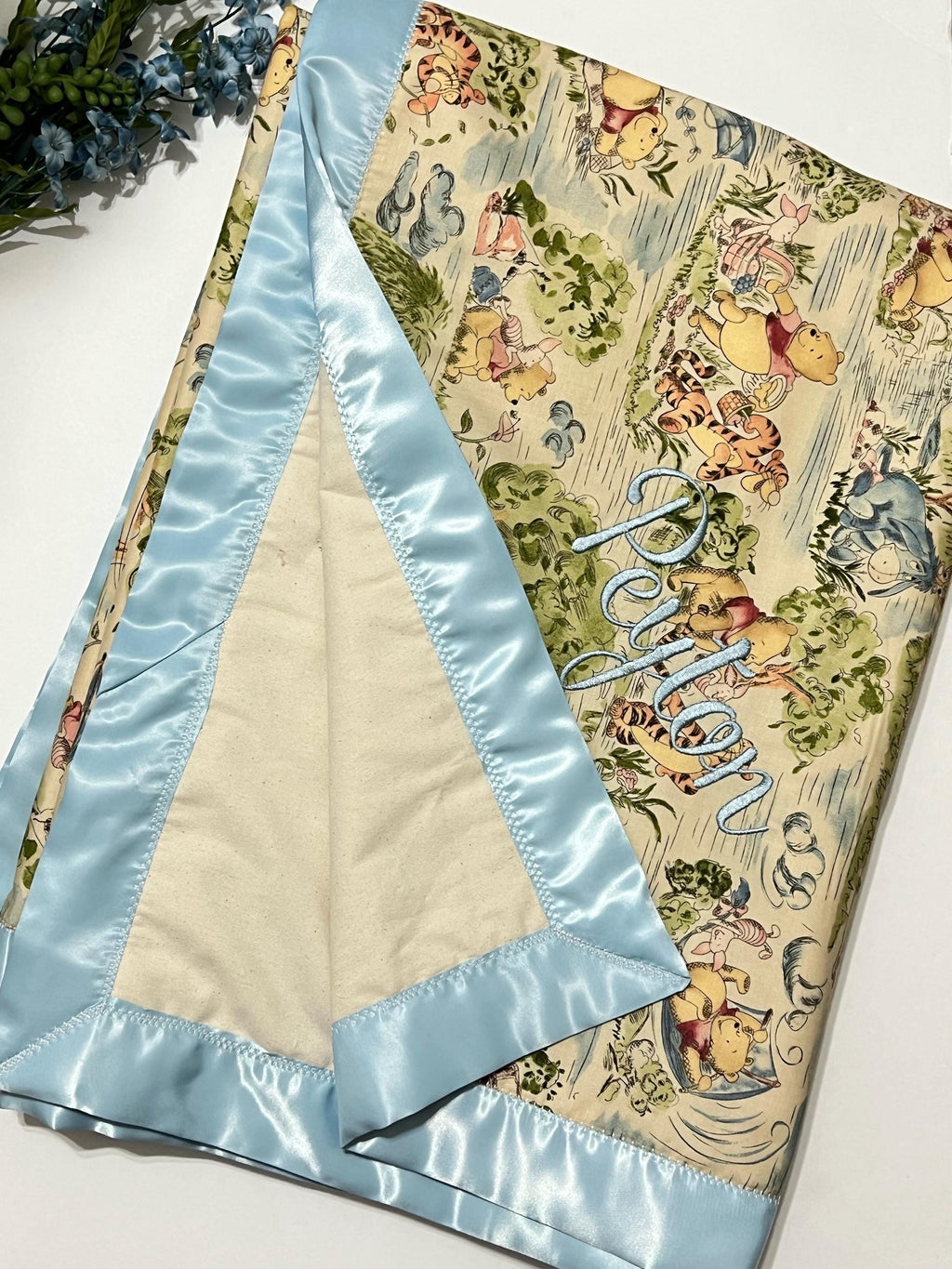 Personalized large 42 x 60 Baby crib Blanket made from Winnie the Pooh fabric for girl or boy with Cotton back and satin binding, baby gift