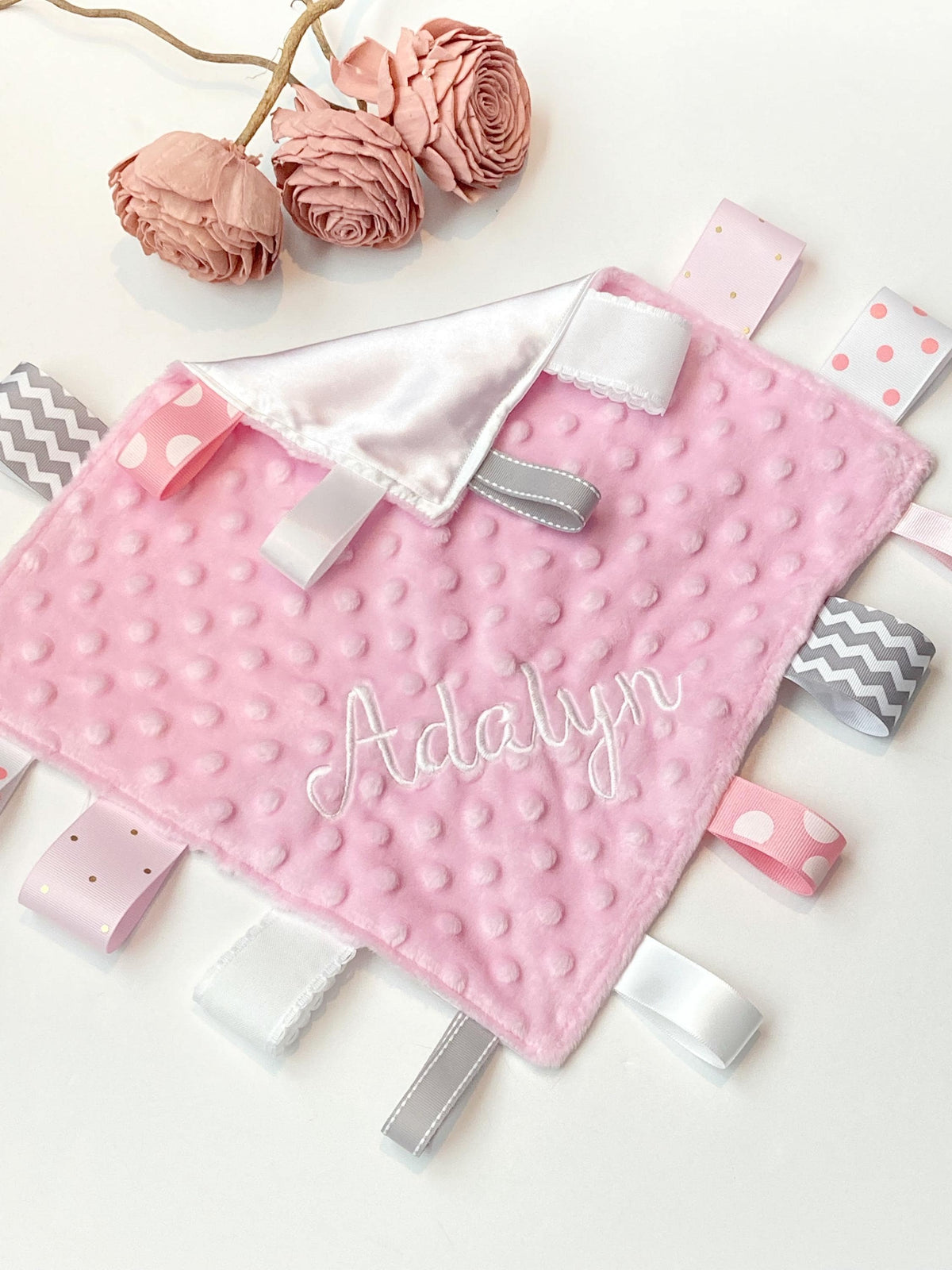 Personalize white satin and pink minky heirloom sensory blanket lovey with ribbon tags, baby gift  size options 5” 12” 14” 18” 24”