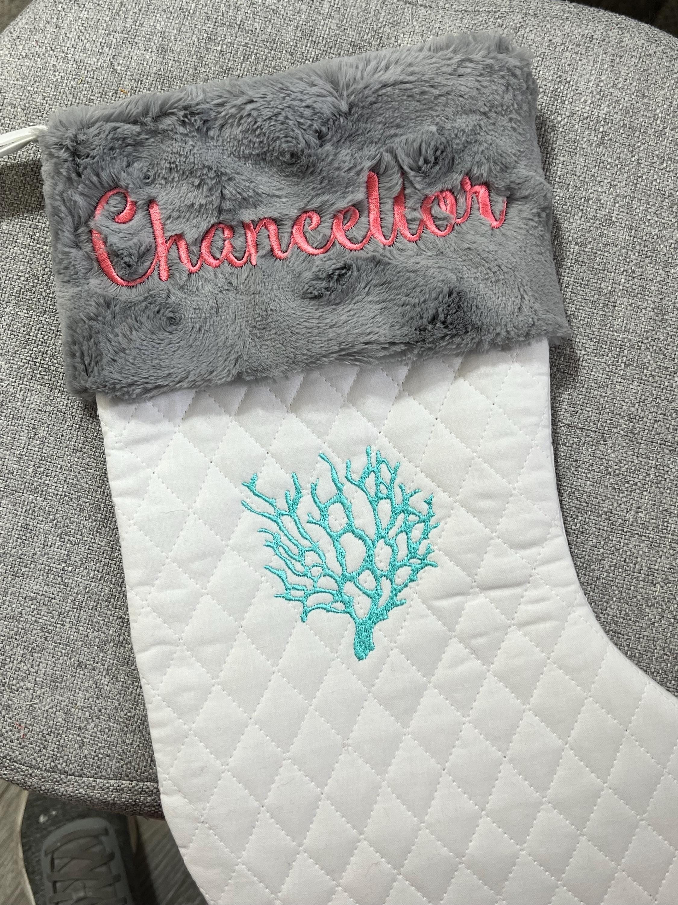 Ocean sea life themed Christmas stocking with minky fur cuff in quilted fabric, personalized, decorative embroidery and fully lined 18”