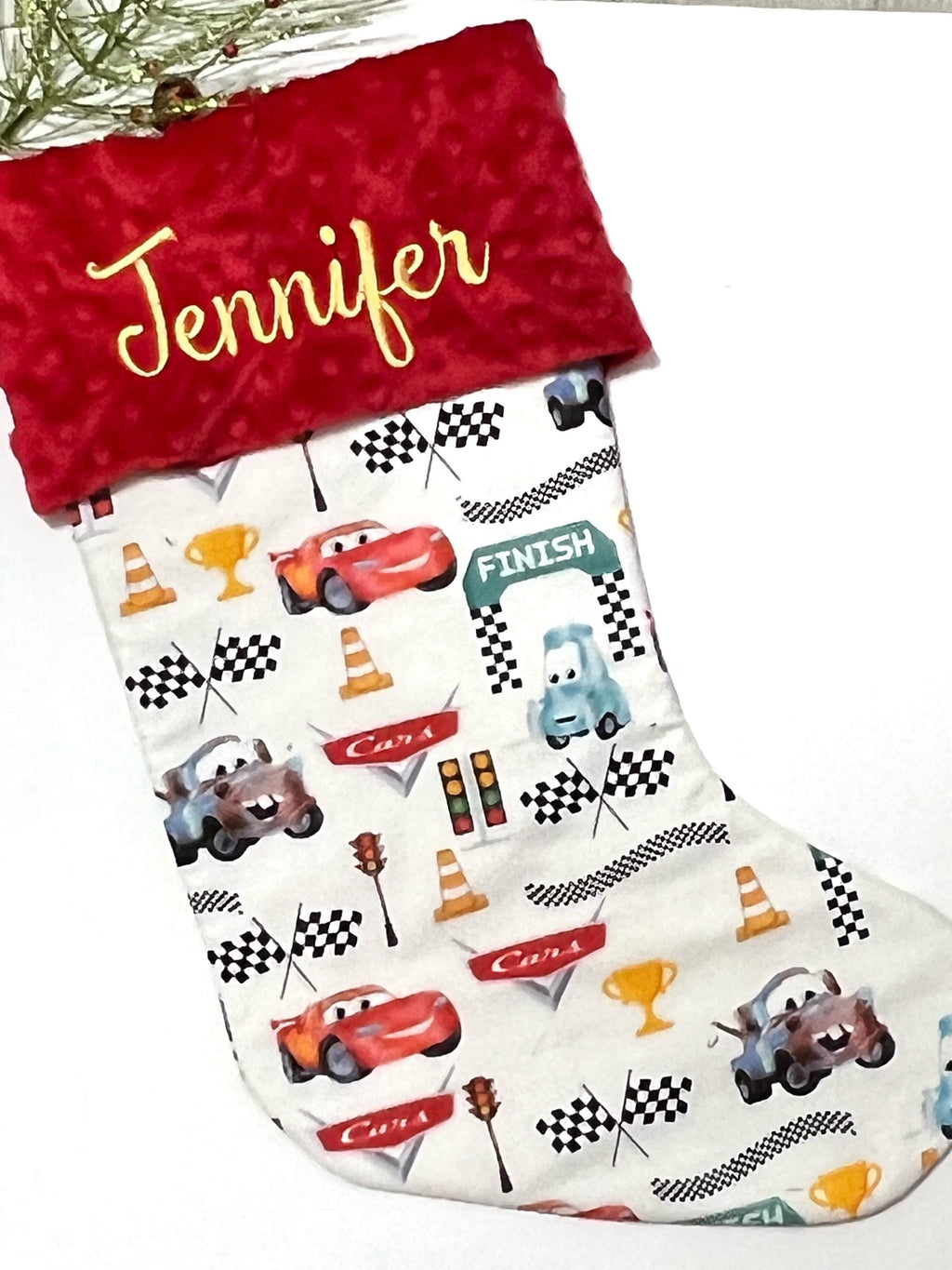 Personalized Christmas stocking for  child or adult made from Pixar Cars fabric, 18” fully lined stocking, Cotton and Minky