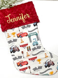 Personalized Christmas stocking for  child or adult made from Pixar Cars fabric, 18” fully lined stocking, Cotton and Minky