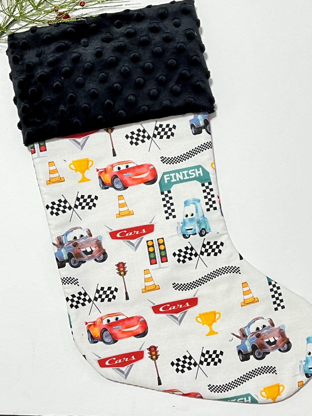 Personalized Christmas stocking for  child or adult made from Pixar Cars fabric, 18” fully lined stocking, Cotton and Minky
