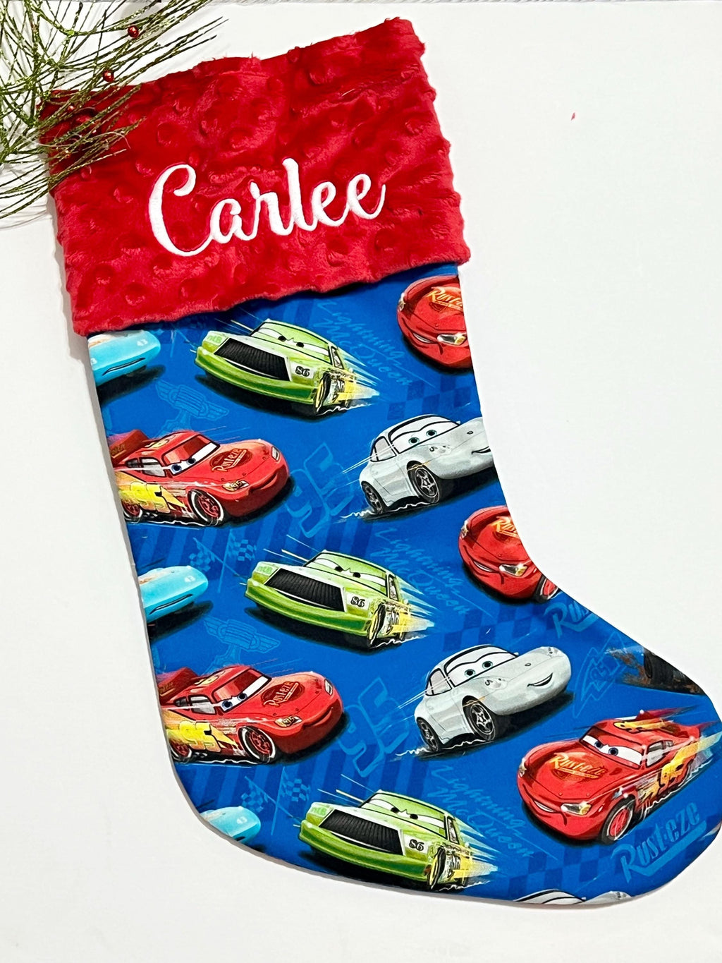 Personalized Christmas stocking for  child or adult made from Pixar Cars fabric, 18” fully lined stocking, Cotton and Minky