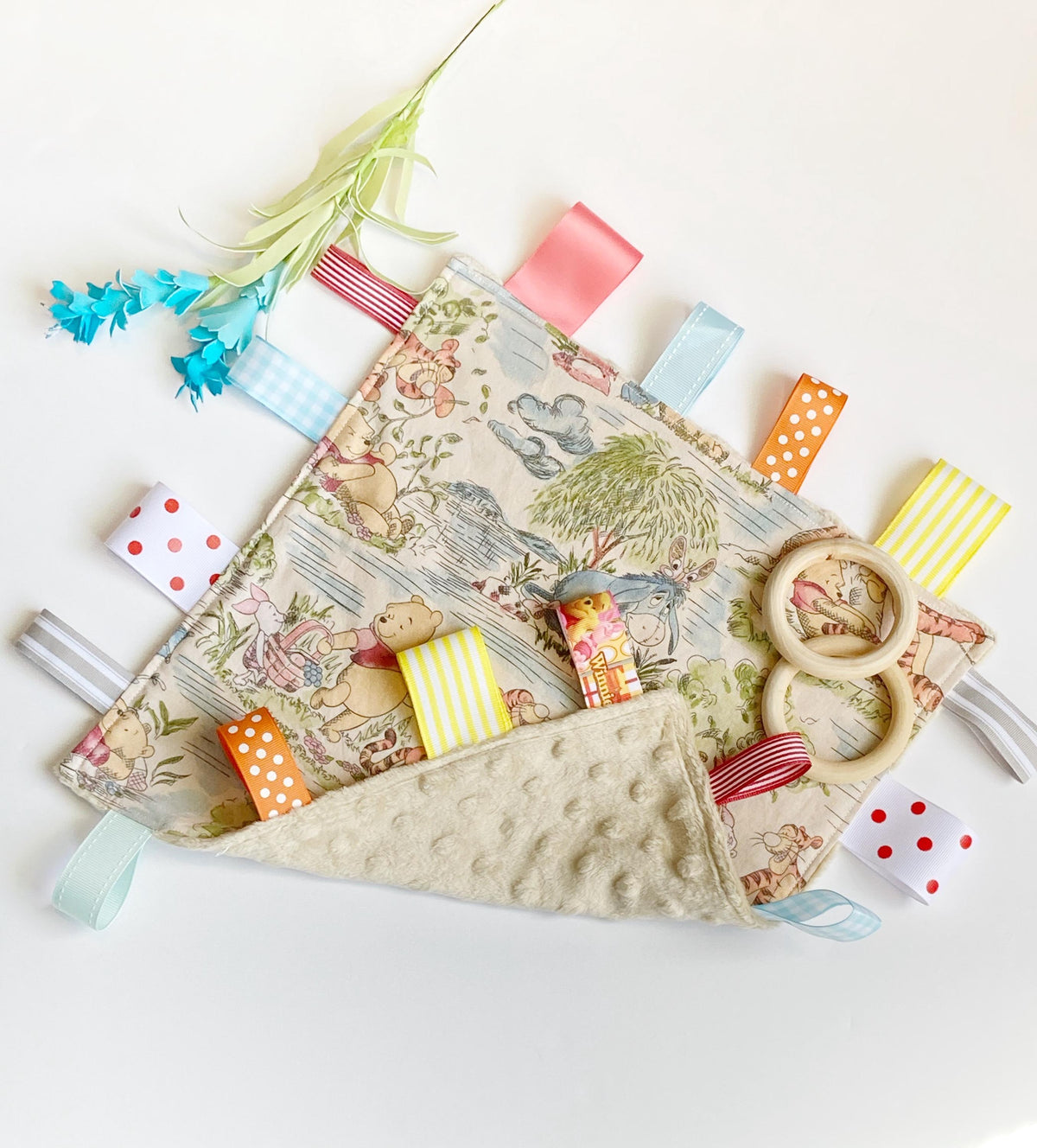 Personalized lovey 6” 12” or  18” size made from Winnie the Pooh cotton with soft minky back color choice, with or without tags
