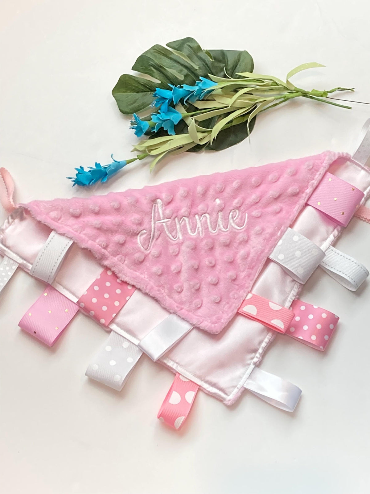 Personalize white satin and pink minky heirloom sensory blanket lovey with ribbon tags, baby gift  size options 5” 12” 14” 18” 24”