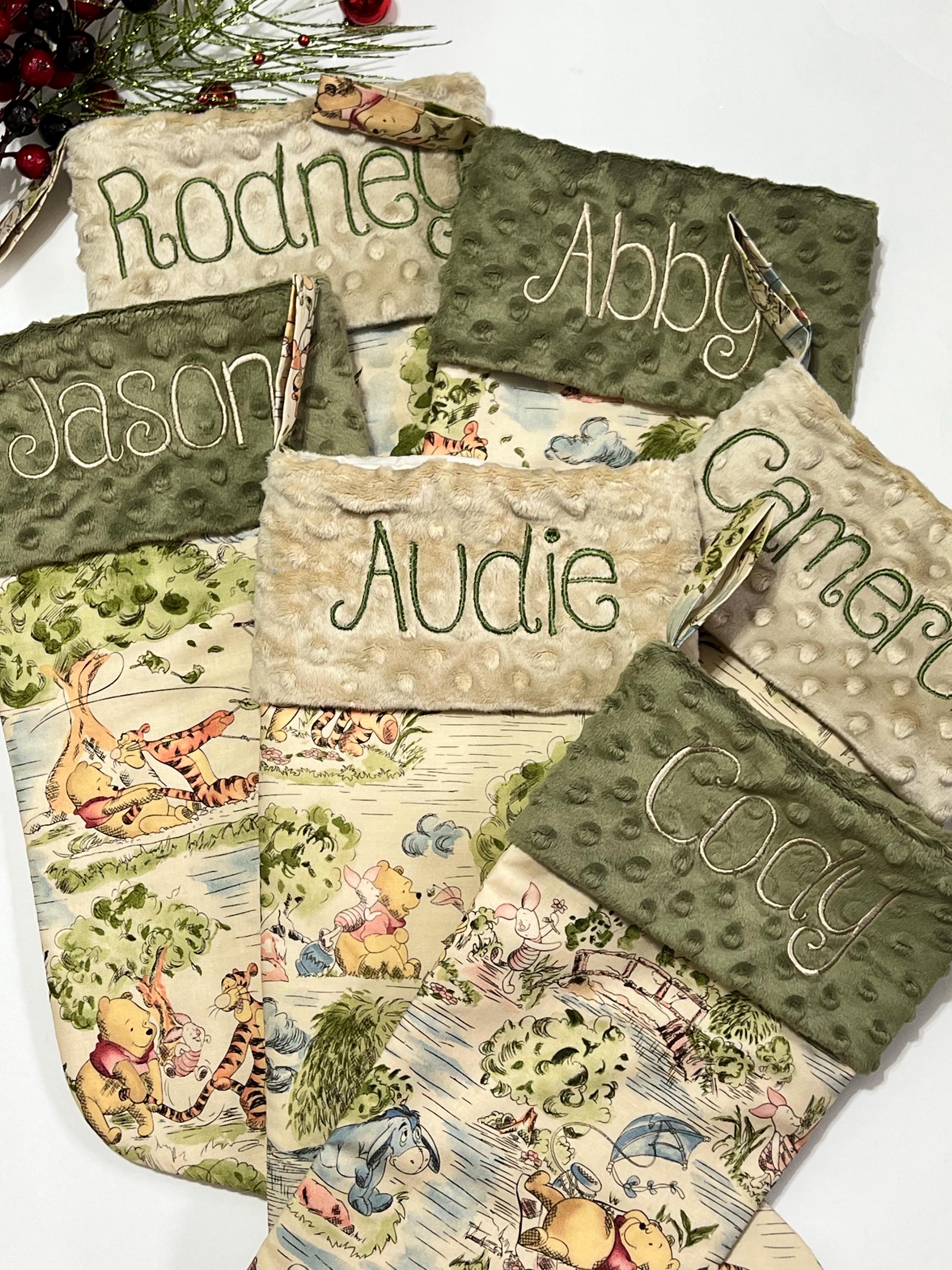 Personalized Christmas stocking for baby child or adult made from Winnie the Pooh fabric and fully  lined, Cotton and Minky or fur cuff 18”