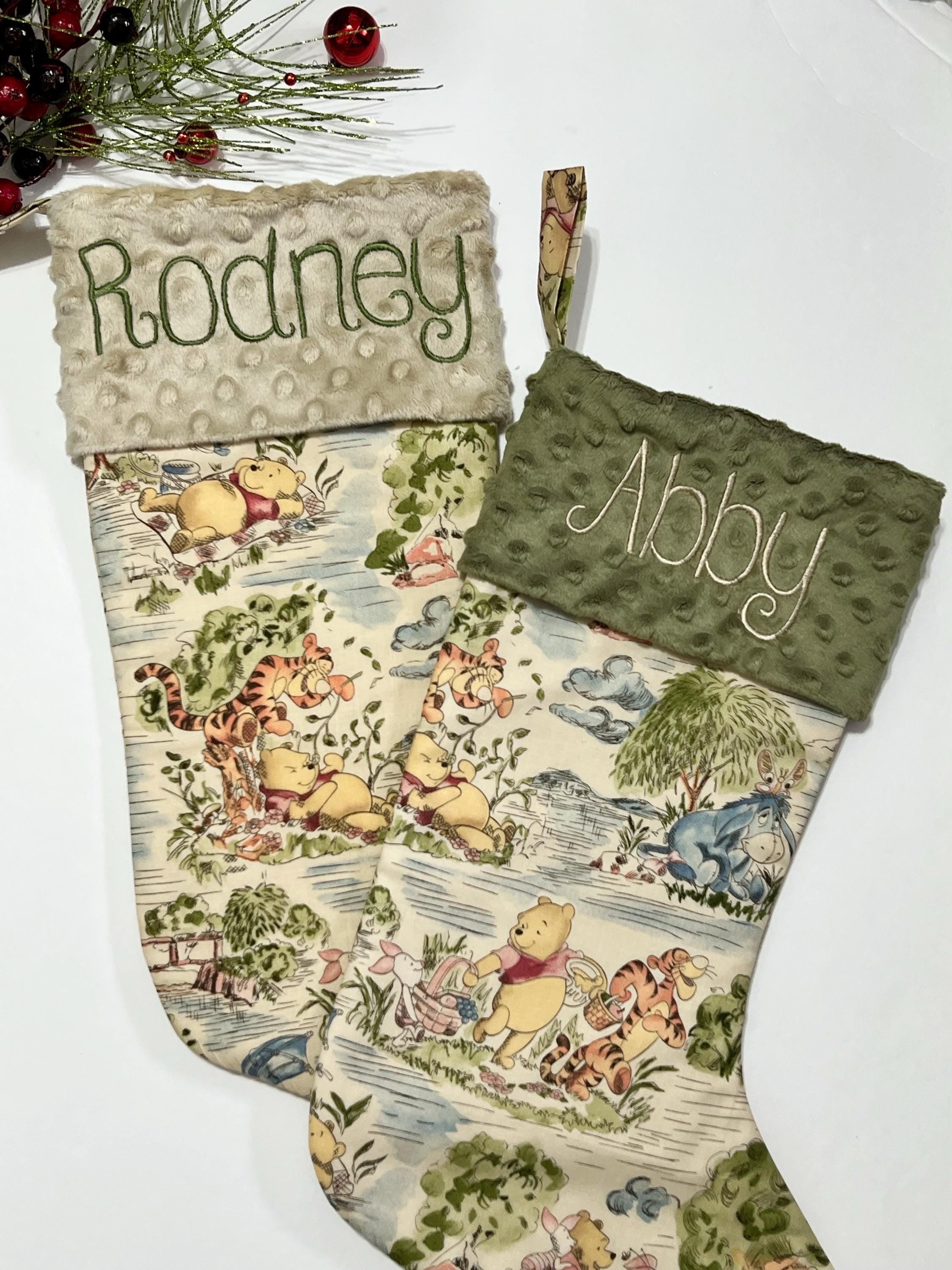 Personalized Christmas stocking for baby child or adult made from Winnie the Pooh fabric and fully  lined, Cotton and Minky or fur cuff 18”