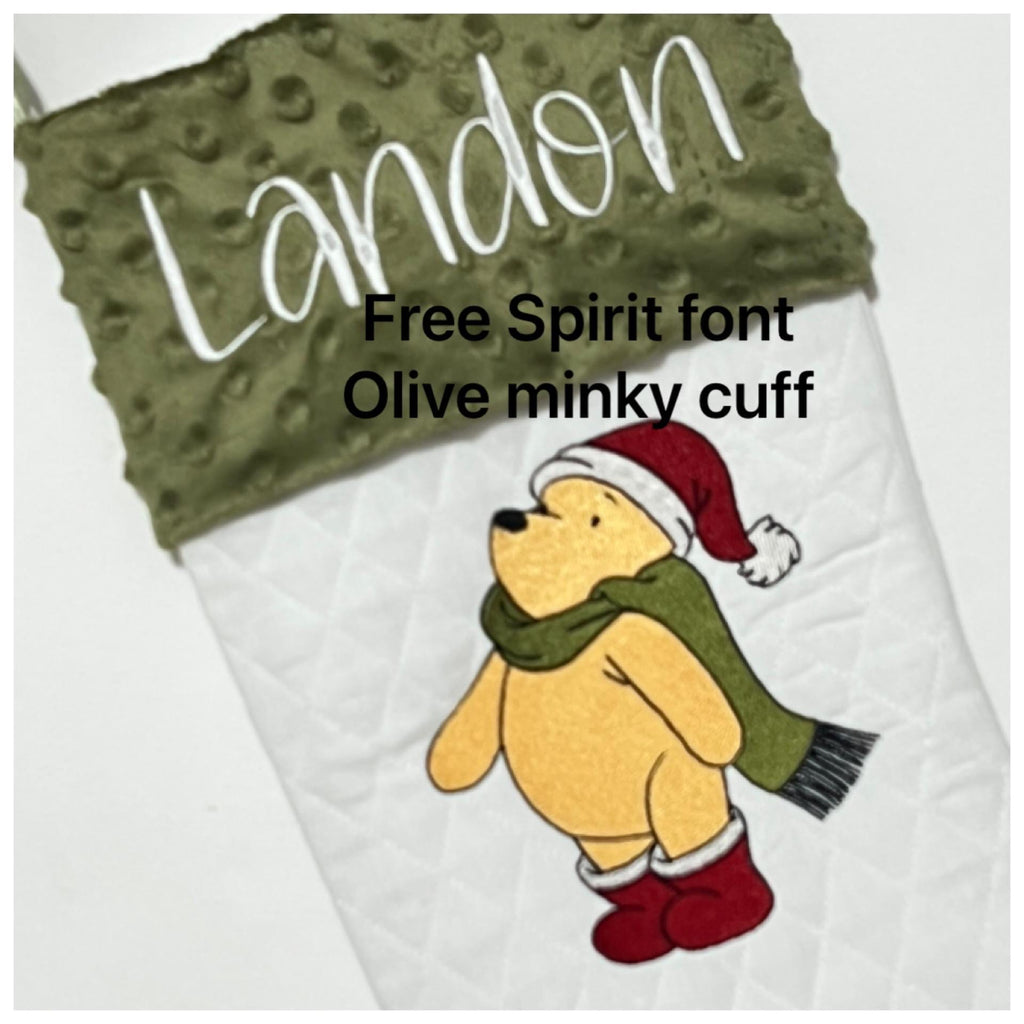 Personalization stocking with classic Winnie the Pooh Christmas embroidered on white quilted stocking, fully lined, Minky or fur cuff 18”