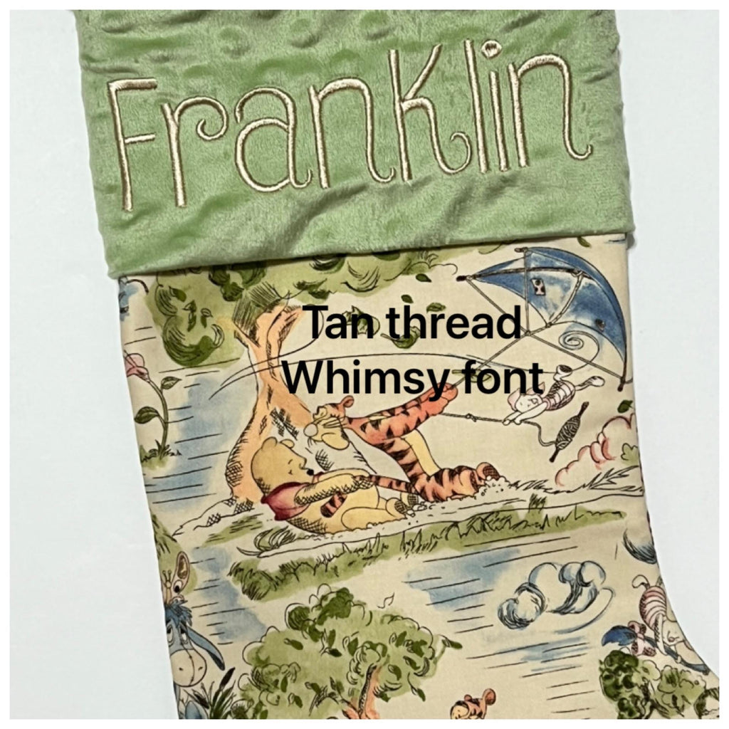 Personalized Christmas stocking for baby child or adult made from Winnie the Pooh fabric and fully  lined, Cotton and Minky or fur cuff 18”