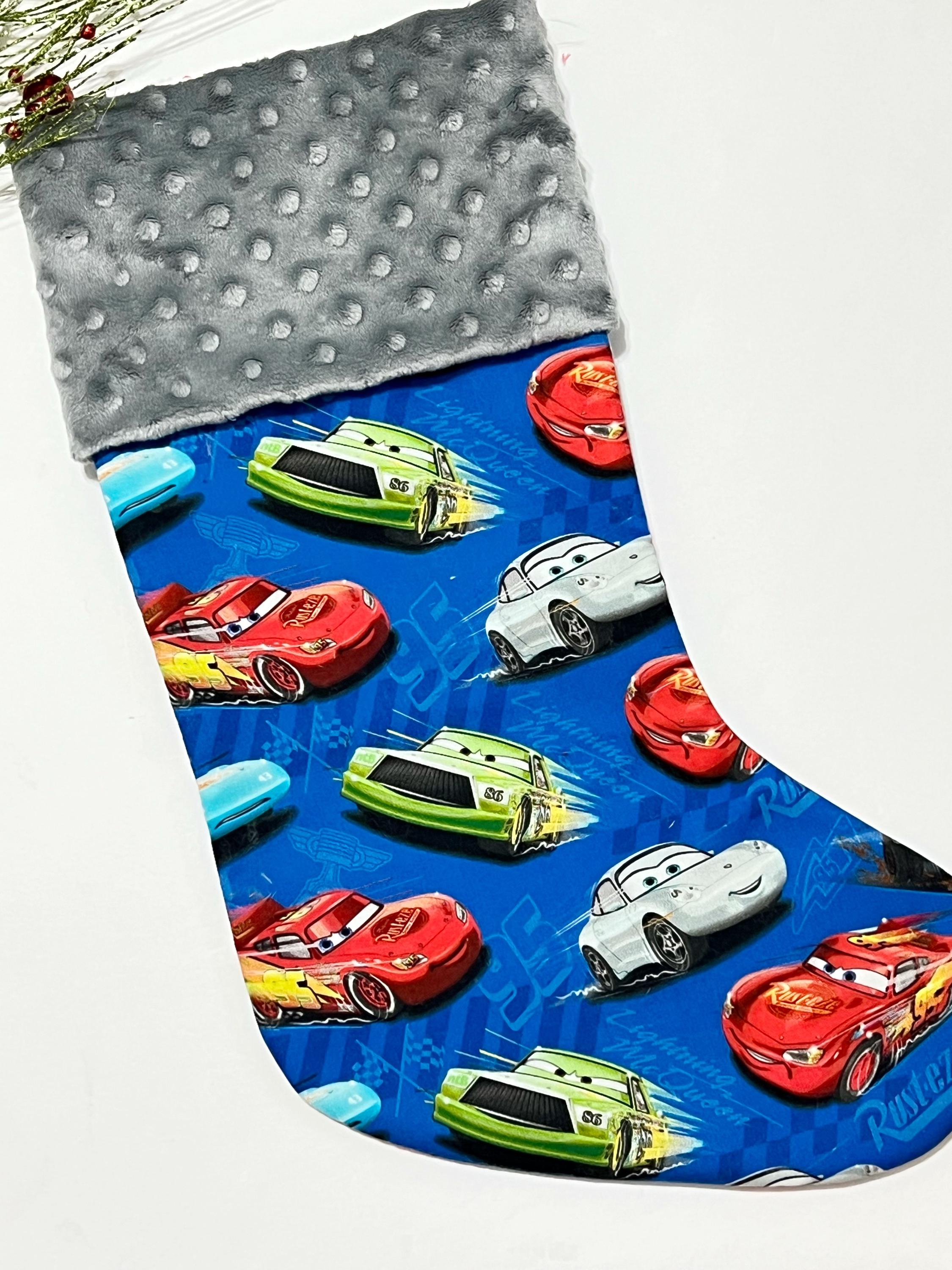 Personalized Christmas stocking for  child or adult made from Pixar Cars fabric, 18” fully lined stocking, Cotton and Minky