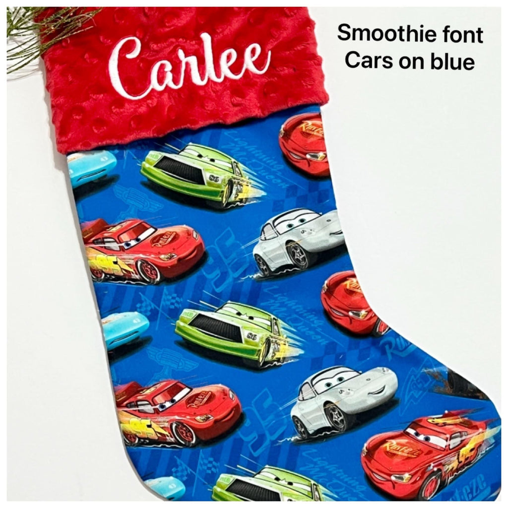 Personalized Christmas stocking for  child or adult made from Pixar Cars fabric, 18” fully lined stocking, Cotton and Minky