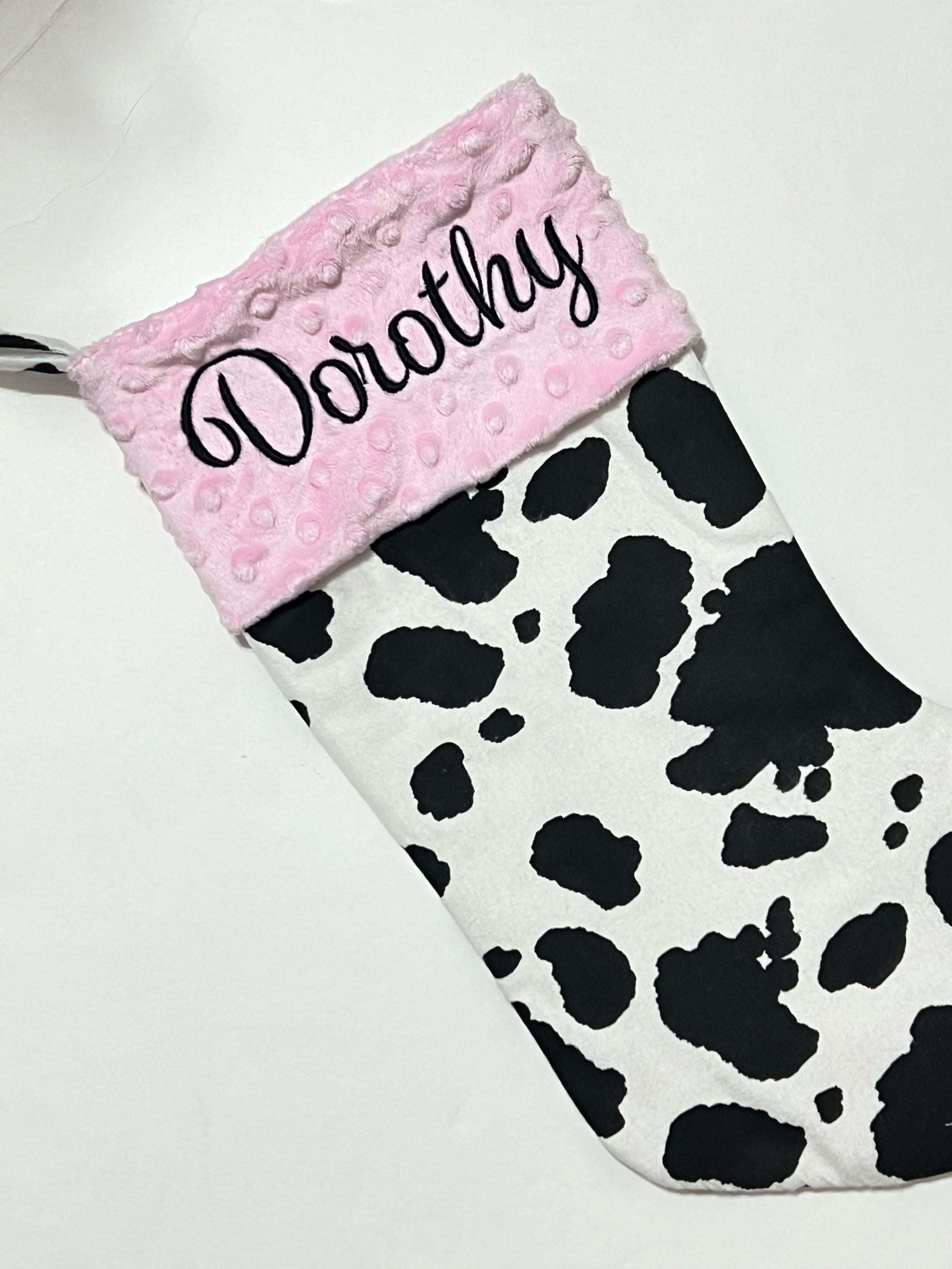 Personalized Christmas stocking in flannel cow spot print fabric, fully lined with minky dot cuff, 18” length, unique stocking, choose cuff