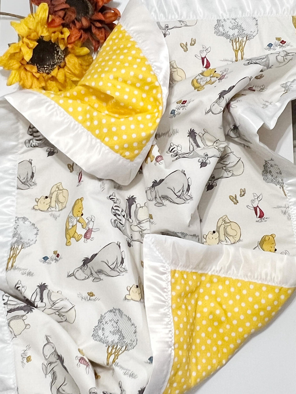 Baby Blanket made from Winnie the Pooh fabric for boy or girl with personalized option in Cotton with satin binding, baby shower gift