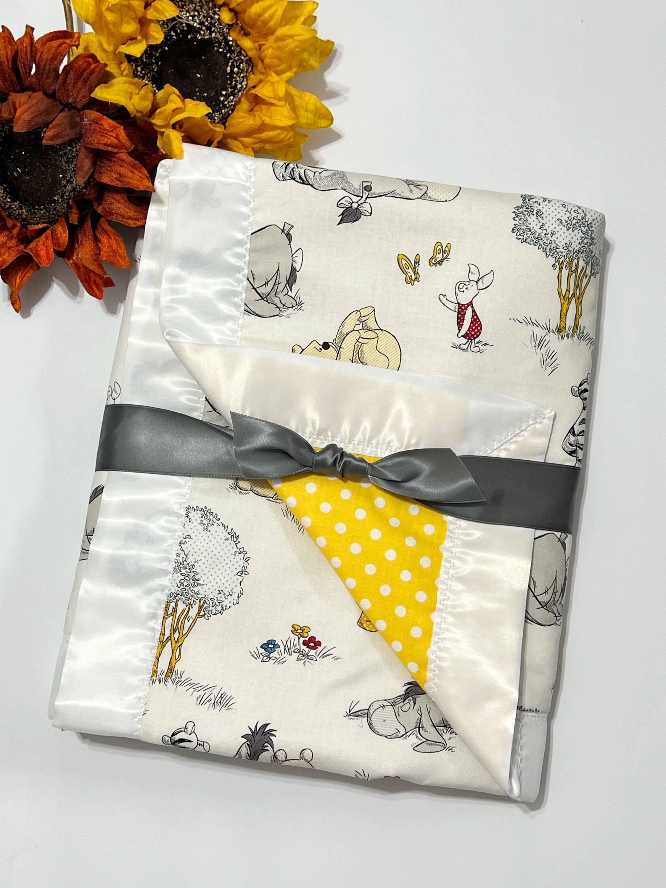 Baby Blanket made from Winnie the Pooh fabric for boy or girl with personalized option in Cotton with satin binding, baby shower gift