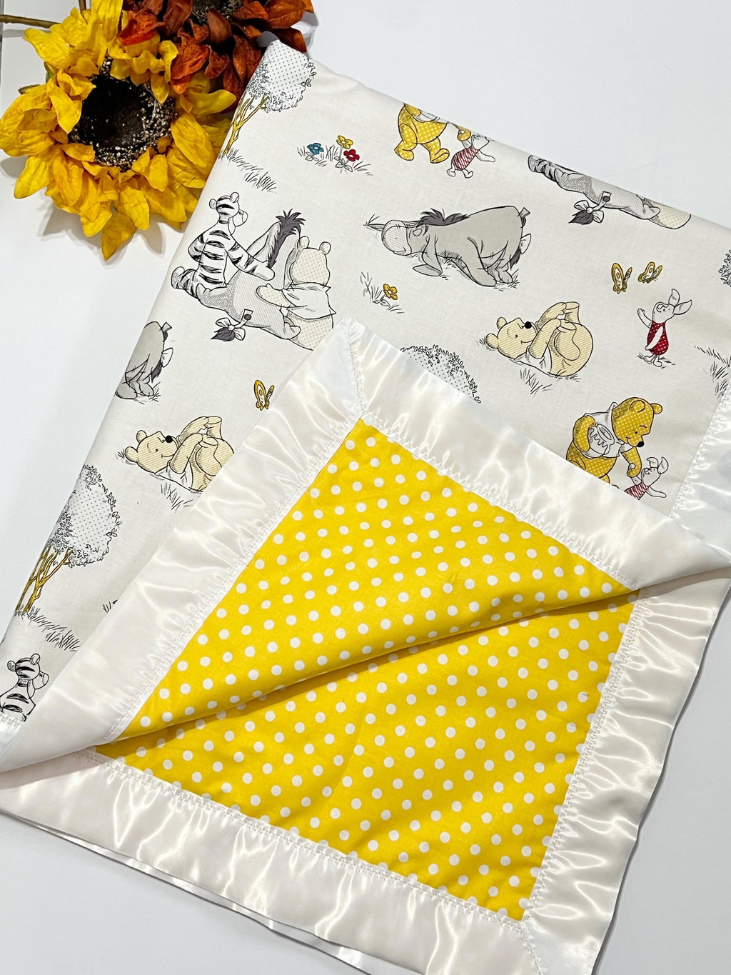 Baby Blanket made from Winnie the Pooh fabric for boy or girl with personalized option in Cotton with satin binding, baby shower gift