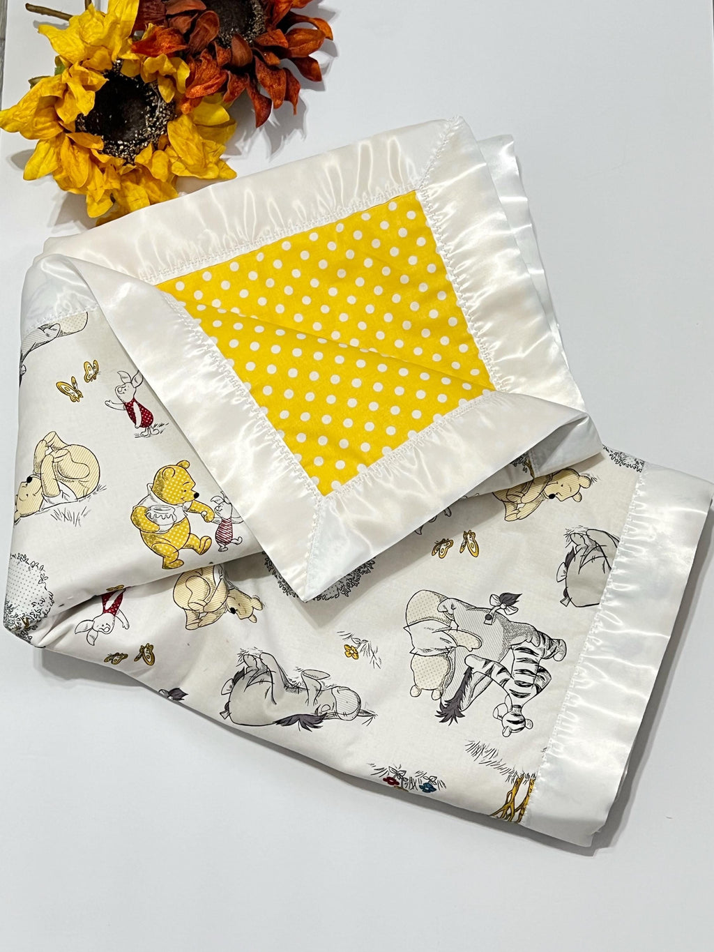 Baby Blanket made from Winnie the Pooh fabric for boy or girl with personalized option in Cotton with satin binding, baby shower gift