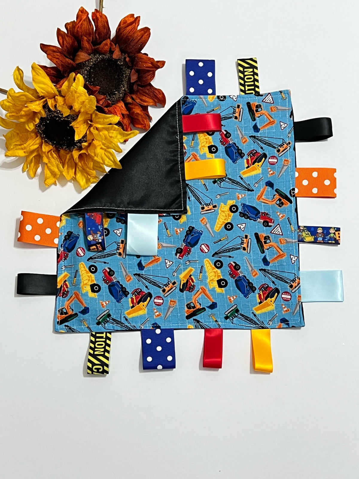 Construction vehicles sensory tag lovey for toy or comfort made from cotton fabric with satin or minky back and choice of color, personalize
