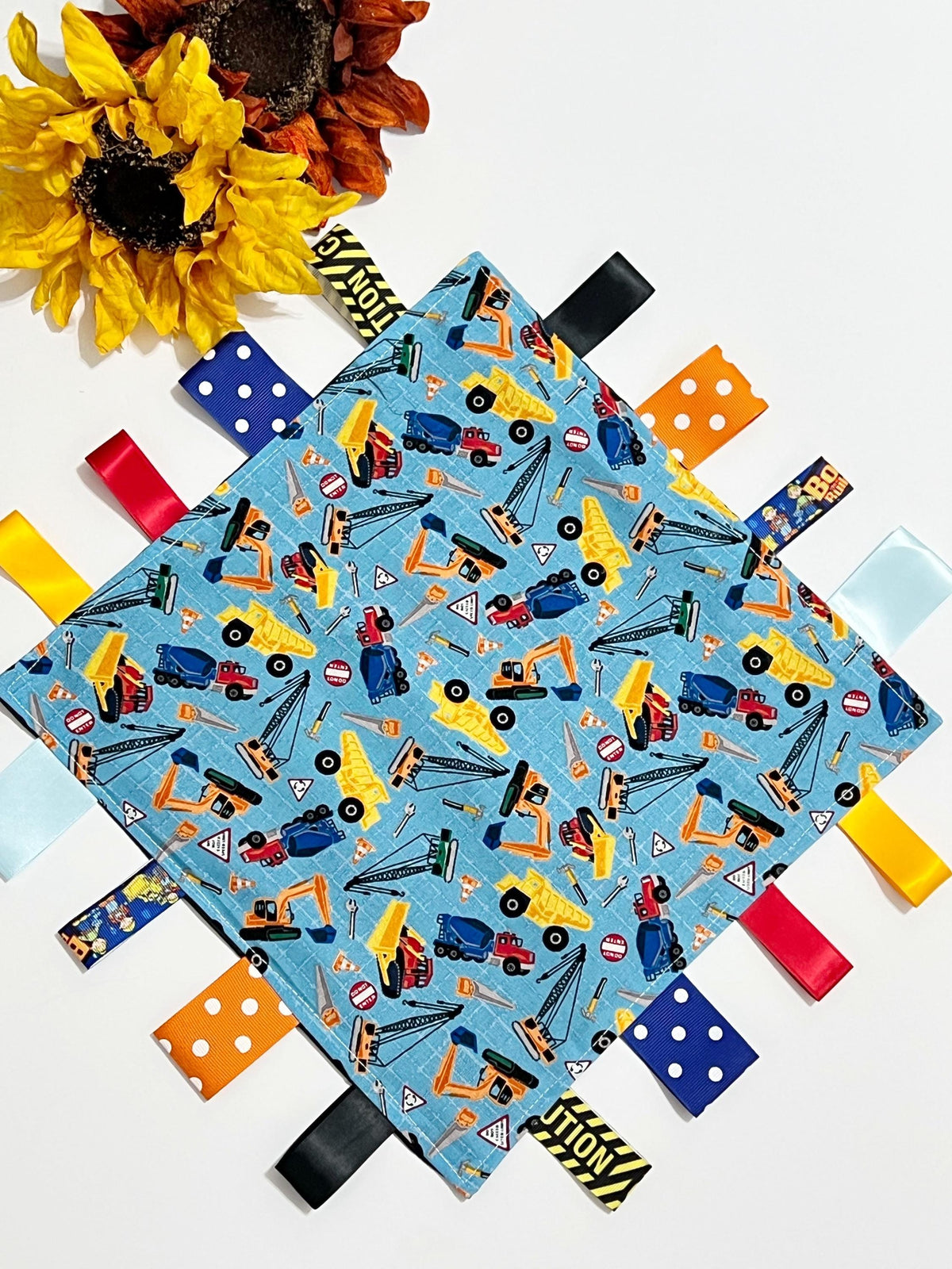 Construction vehicles sensory tag lovey for toy or comfort made from cotton fabric with satin or minky back and choice of color, personalize