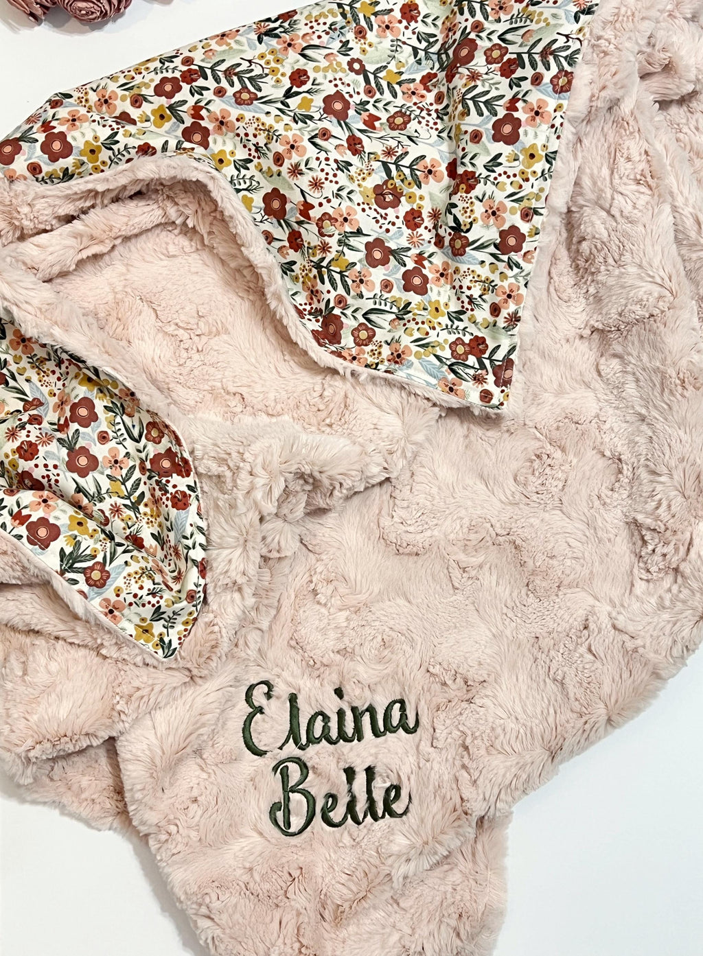 Boho floral cotton Baby girl Blanket in blush pink and ginger with olive emerald vines and minky back, size and personalize options, gift