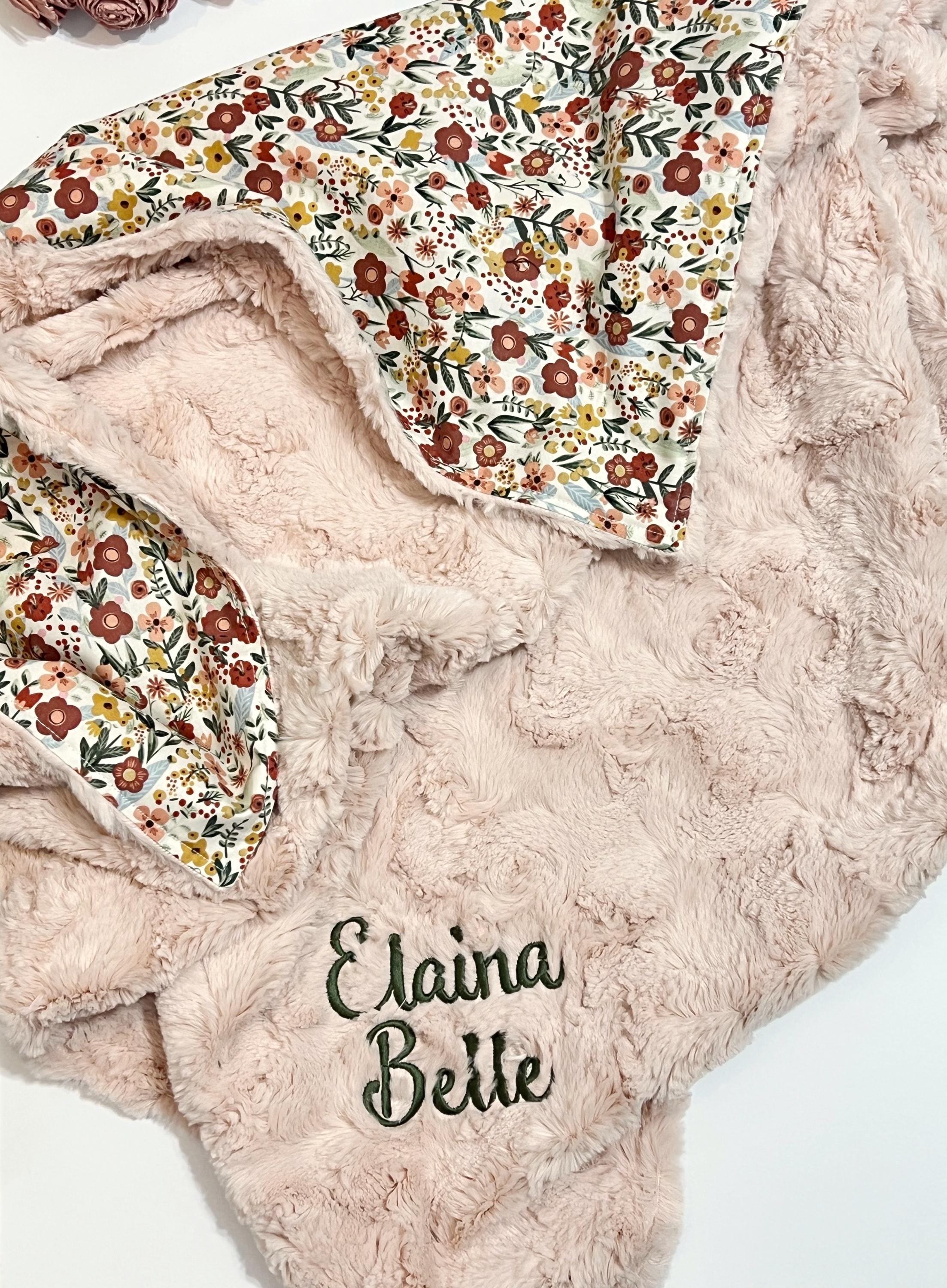 Boho floral cotton Baby girl Blanket in blush pink and ginger with olive emerald vines and minky back, size and personalize options, gift
