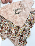 Boho floral cotton Baby girl Blanket in blush pink and ginger with olive emerald vines and minky back, size and personalize options, gift
