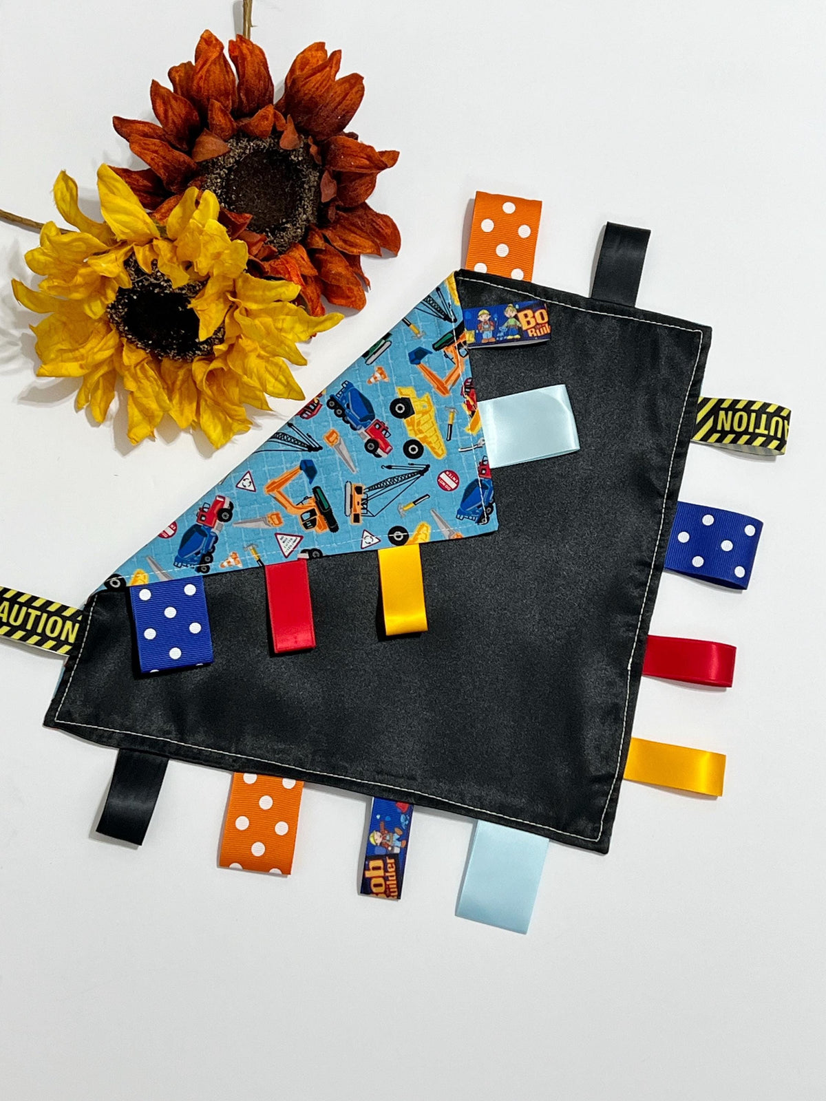 Construction vehicles sensory tag lovey for toy or comfort made from cotton fabric with satin or minky back and choice of color, personalize