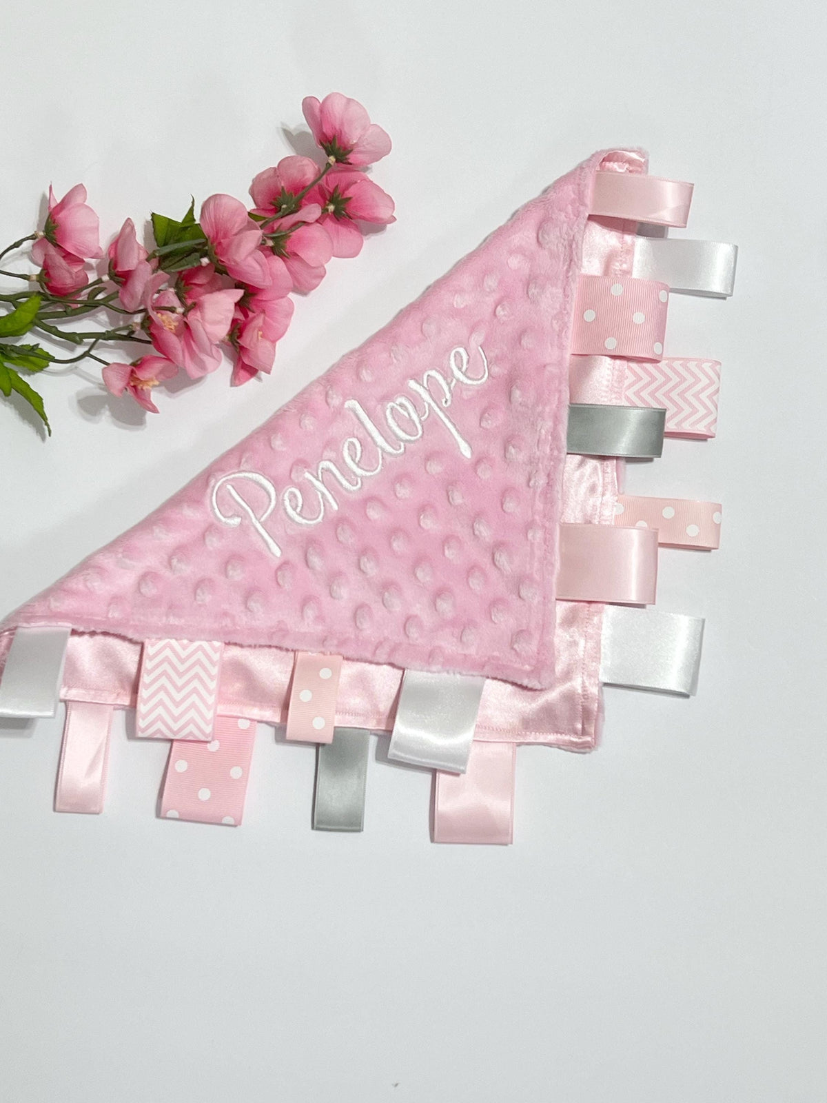 Satin and minky sensory Blanket lovey ~ ribbon tag ~ personalize sensory toy ~ baby shower gift ~ baby boy girl lovey - 12" - choose colors
