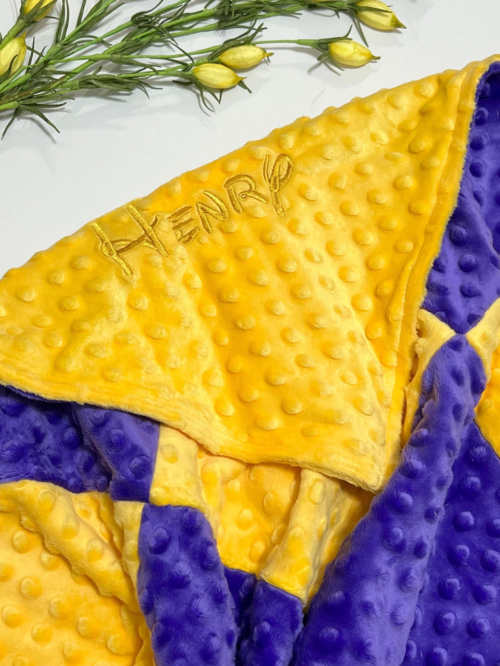 Minky 22” blanket lovey double sided in coordinating 9 patch squares in two colors, personalized option, soft, soothing, calming